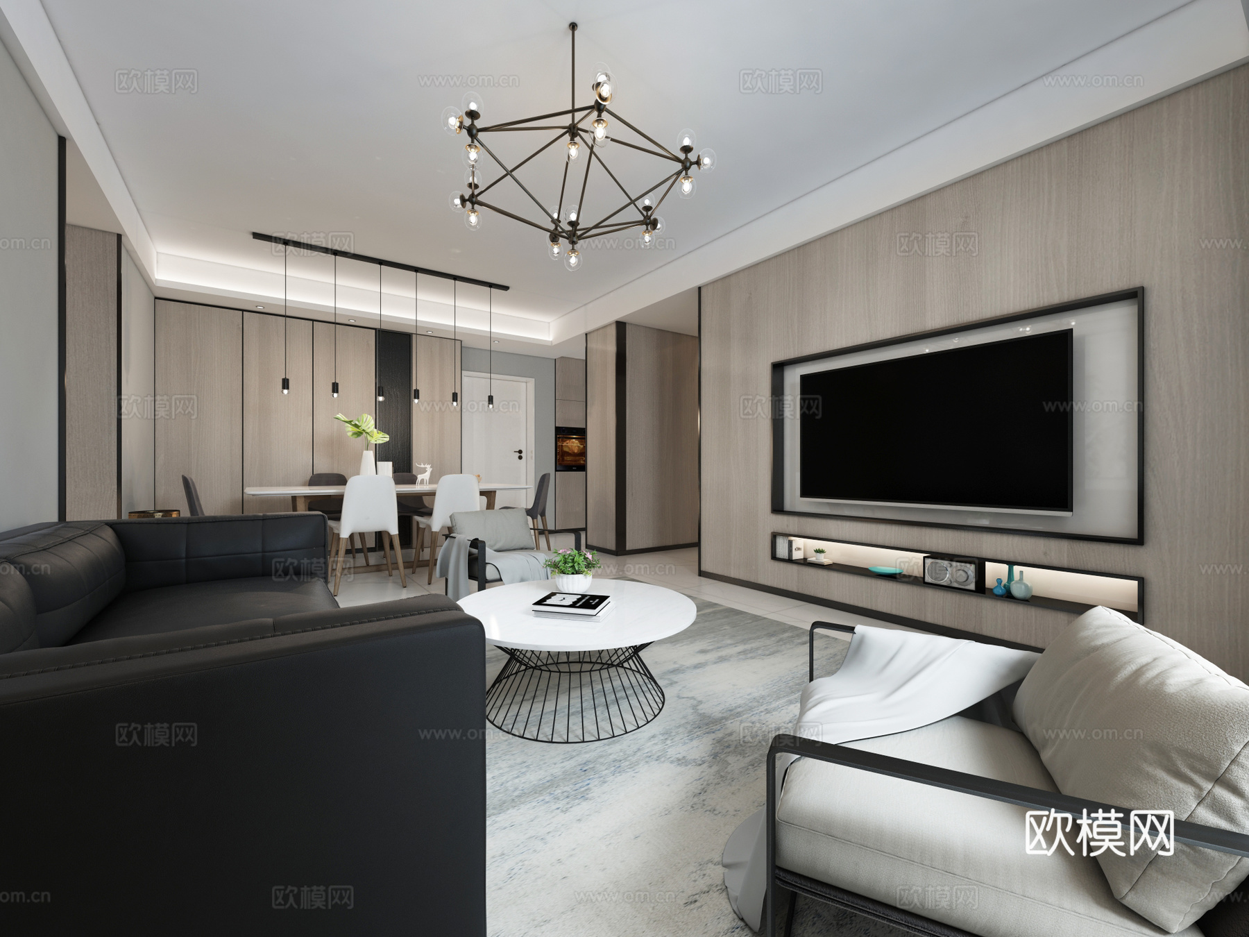 现代客厅 沙发茶几 吊灯 挂画3d模型