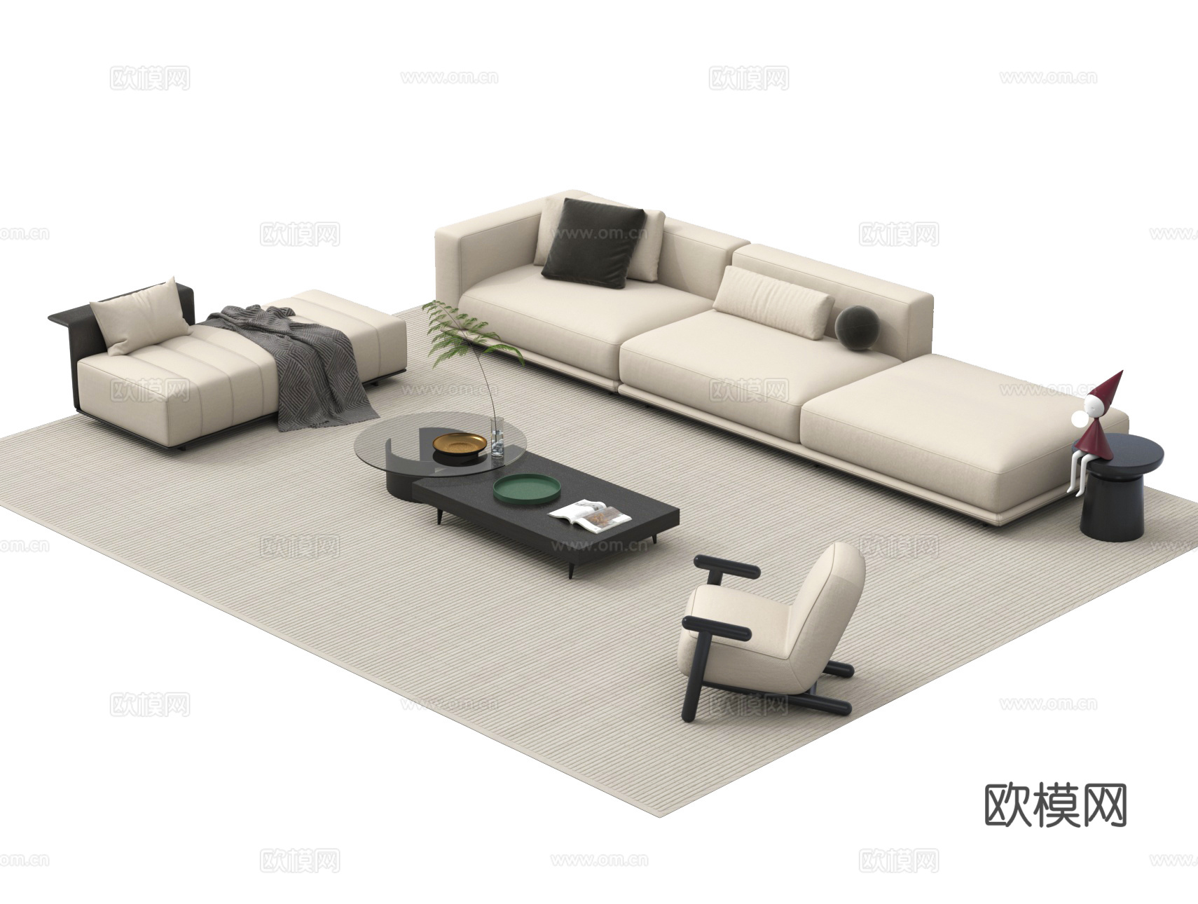 组合沙发 多人沙发 茶几 圆几边几3d模型