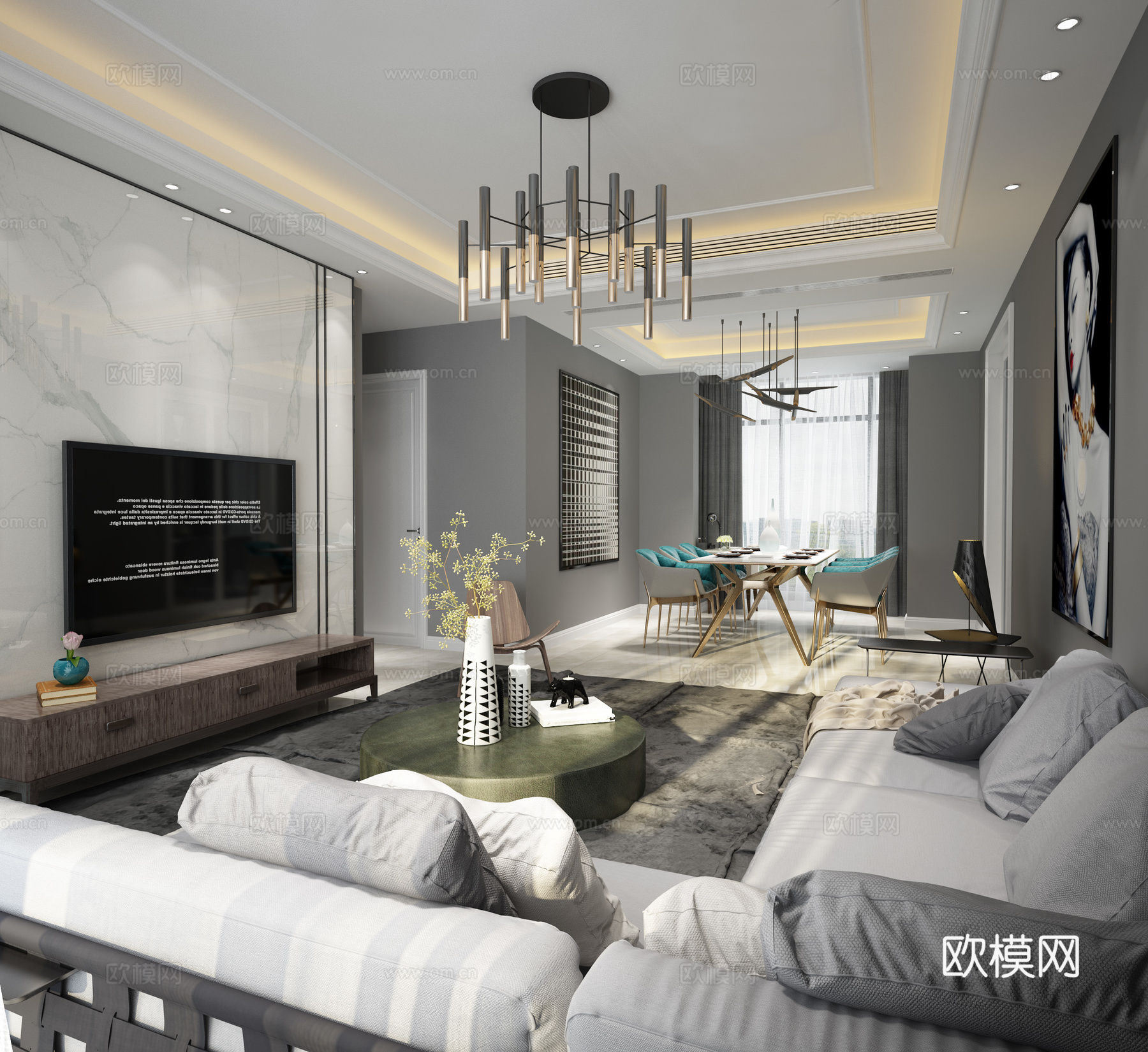 现代客厅 茶几 沙发 落地灯 挂画 吊灯 电视柜 餐桌椅3d模型