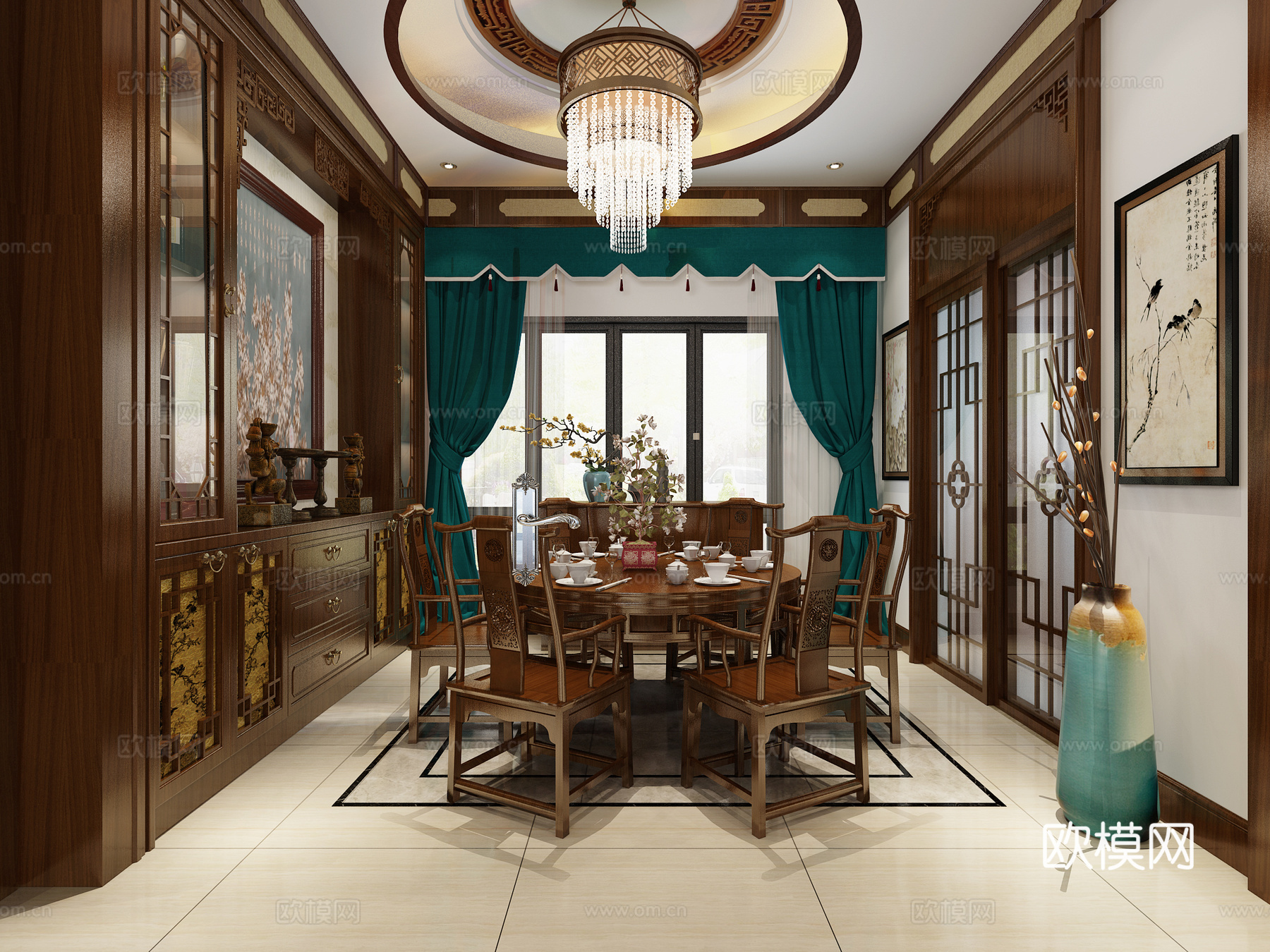古典中式客餐厅 餐桌椅 吊灯 挂画3d模型