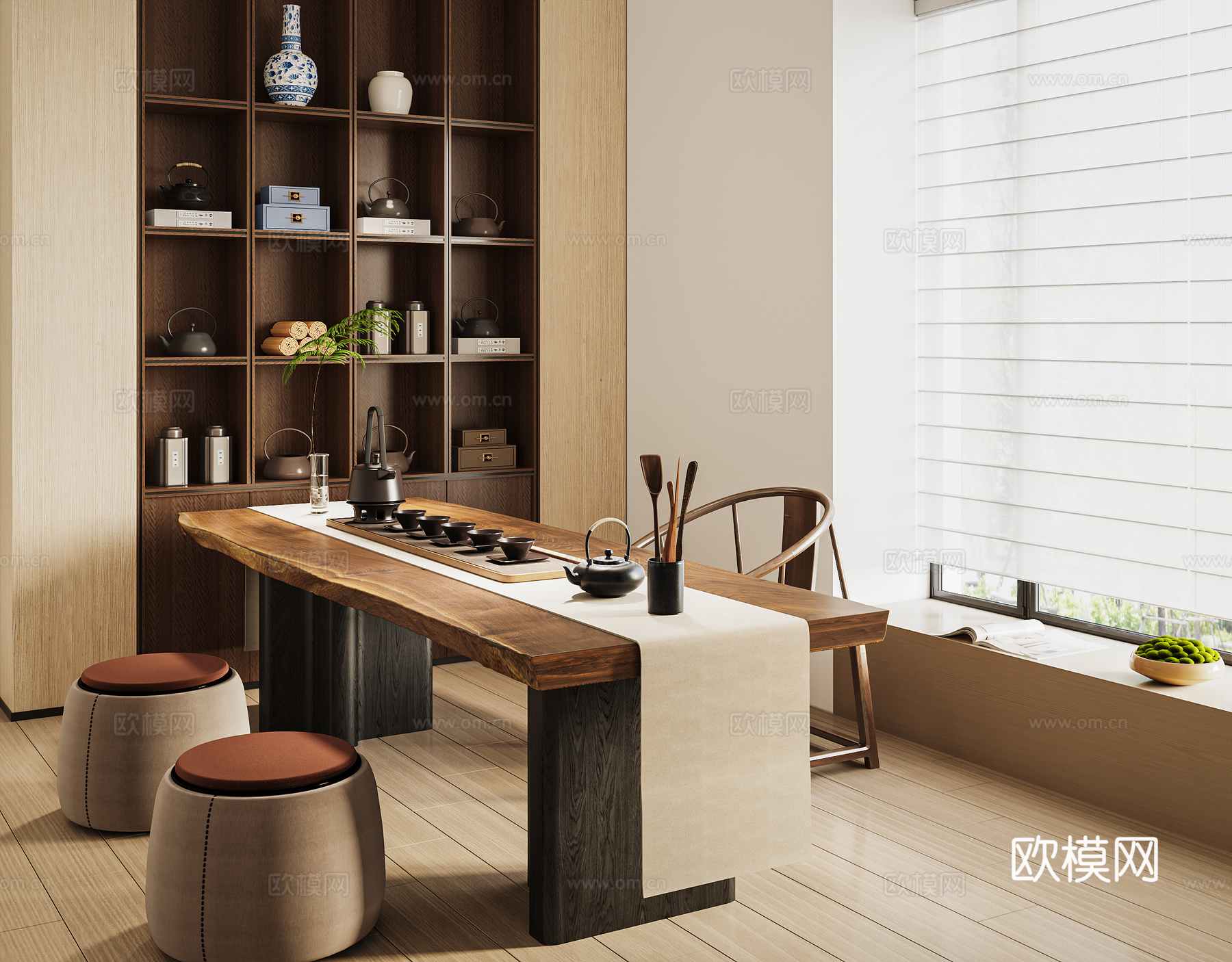 新中式茶室 实木茶桌椅  茶具  陶瓷装饰3d模型