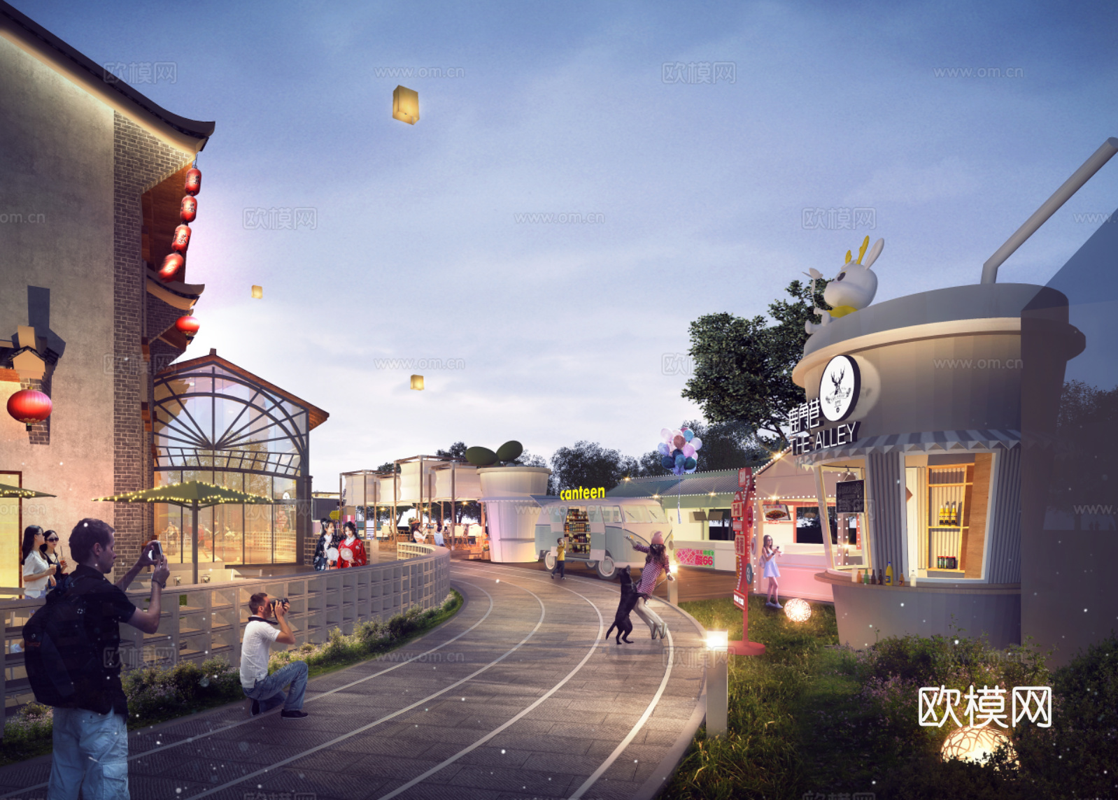 现代 中式 古建 商业街 夜景3d模型
