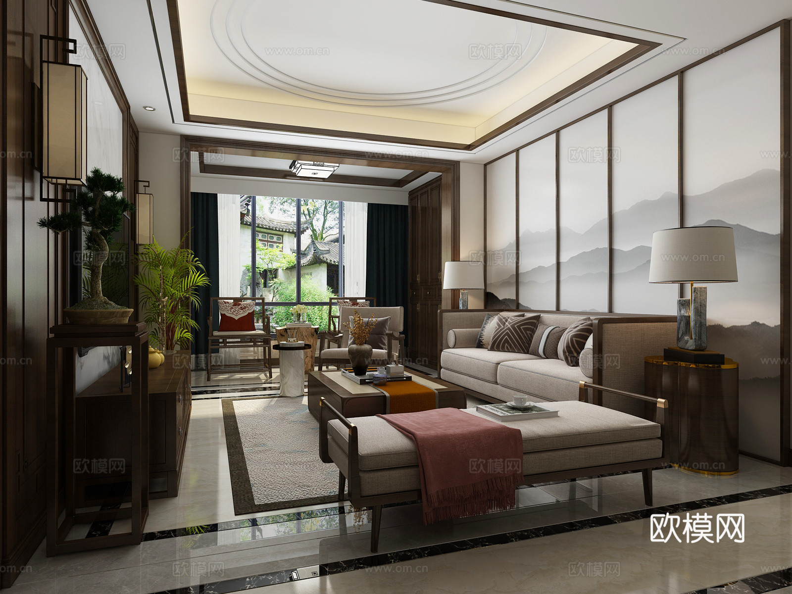 新中式客厅餐厅 吊灯 挂画 沙发 茶几3d模型