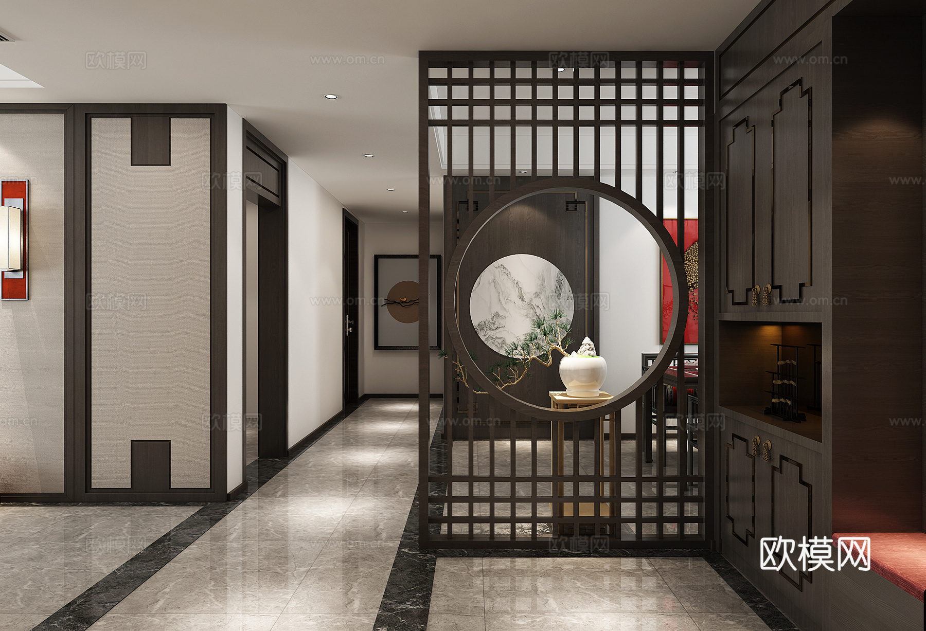 新中式客餐厅 沙发 茶几 吊灯 背景墙3d模型
