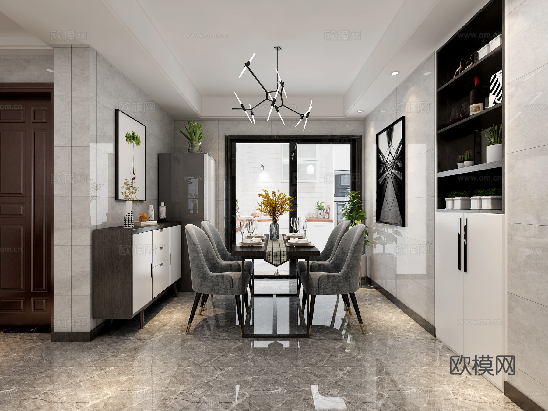 现代全景 餐桌椅 沙发茶几 吊灯 桌面摆件 挂画3d模型
