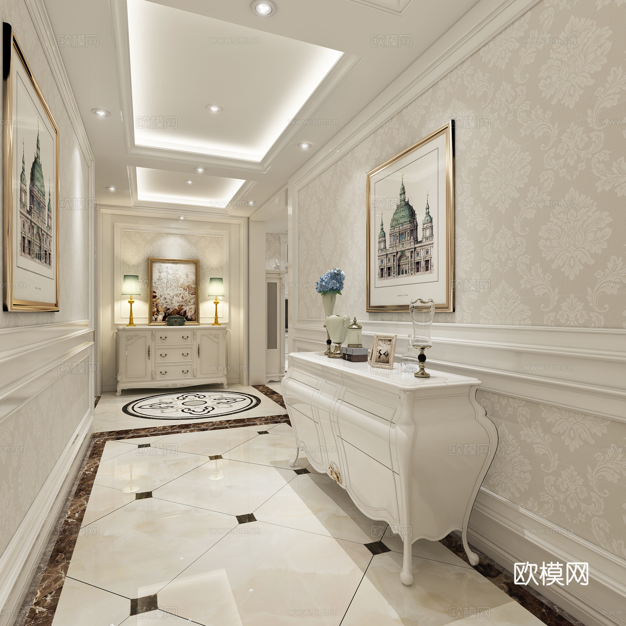 欧式别墅客餐厅 餐桌椅 沙发茶几 吊灯 桌面摆件 挂画3d模型