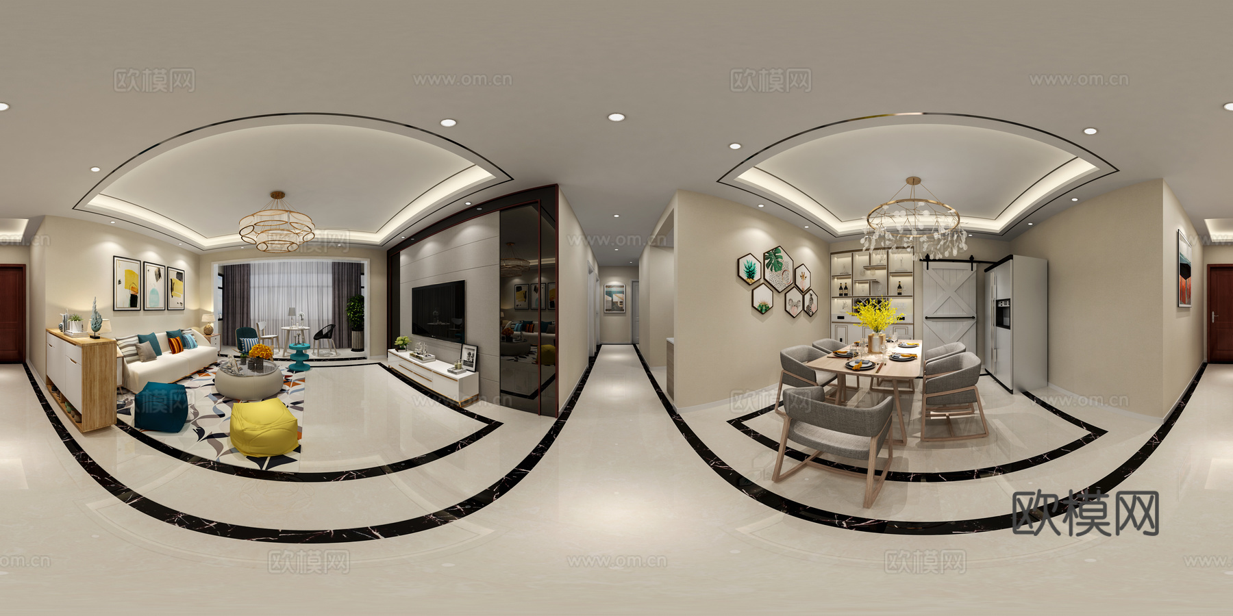 北欧客餐厅 沙发组合 餐桌椅组合 吊灯3d模型