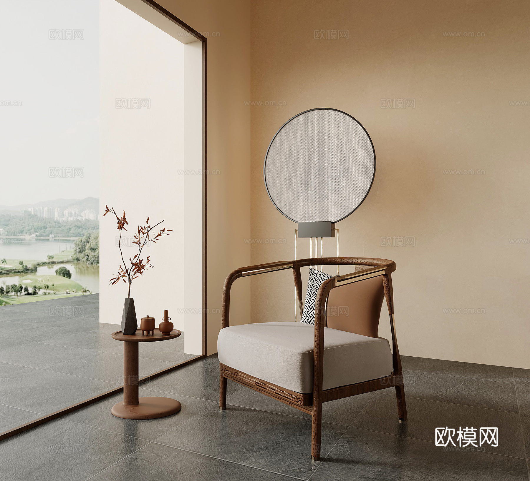 休闲椅 新中式休闲椅 落地灯 边几 饰品摆件3d模型