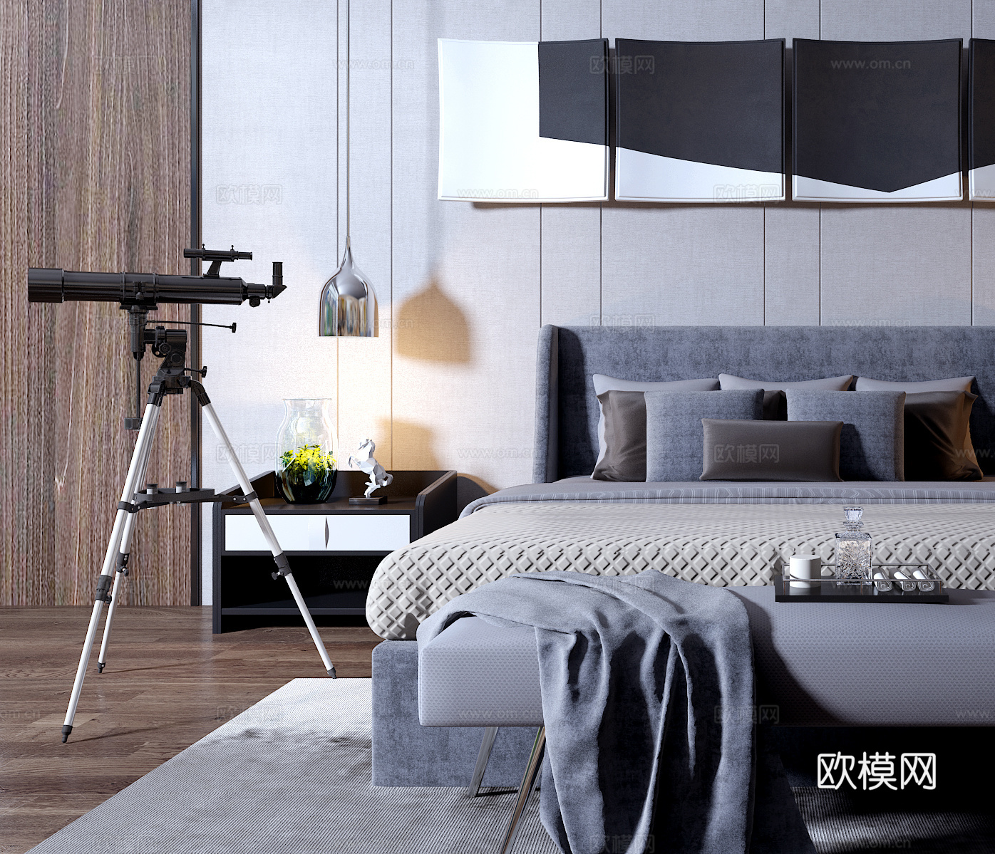 现代布料双人床组合 双人床 挂画 摆件 望远镜 台灯3d模型