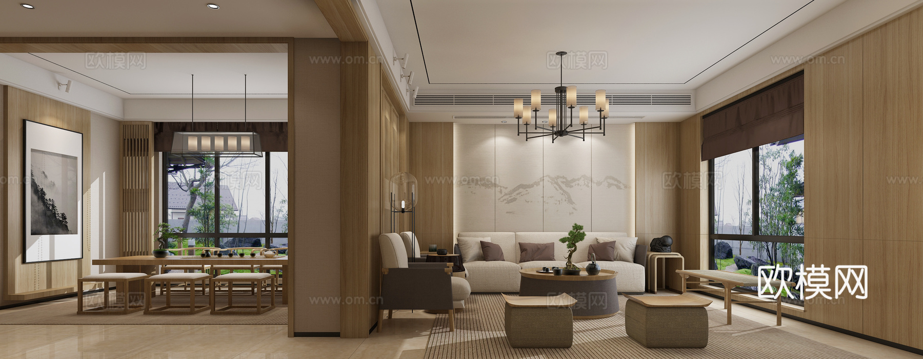 新中式客厅餐厅 吊灯 挂画 沙发 茶几 餐桌椅 楼梯3d模型
