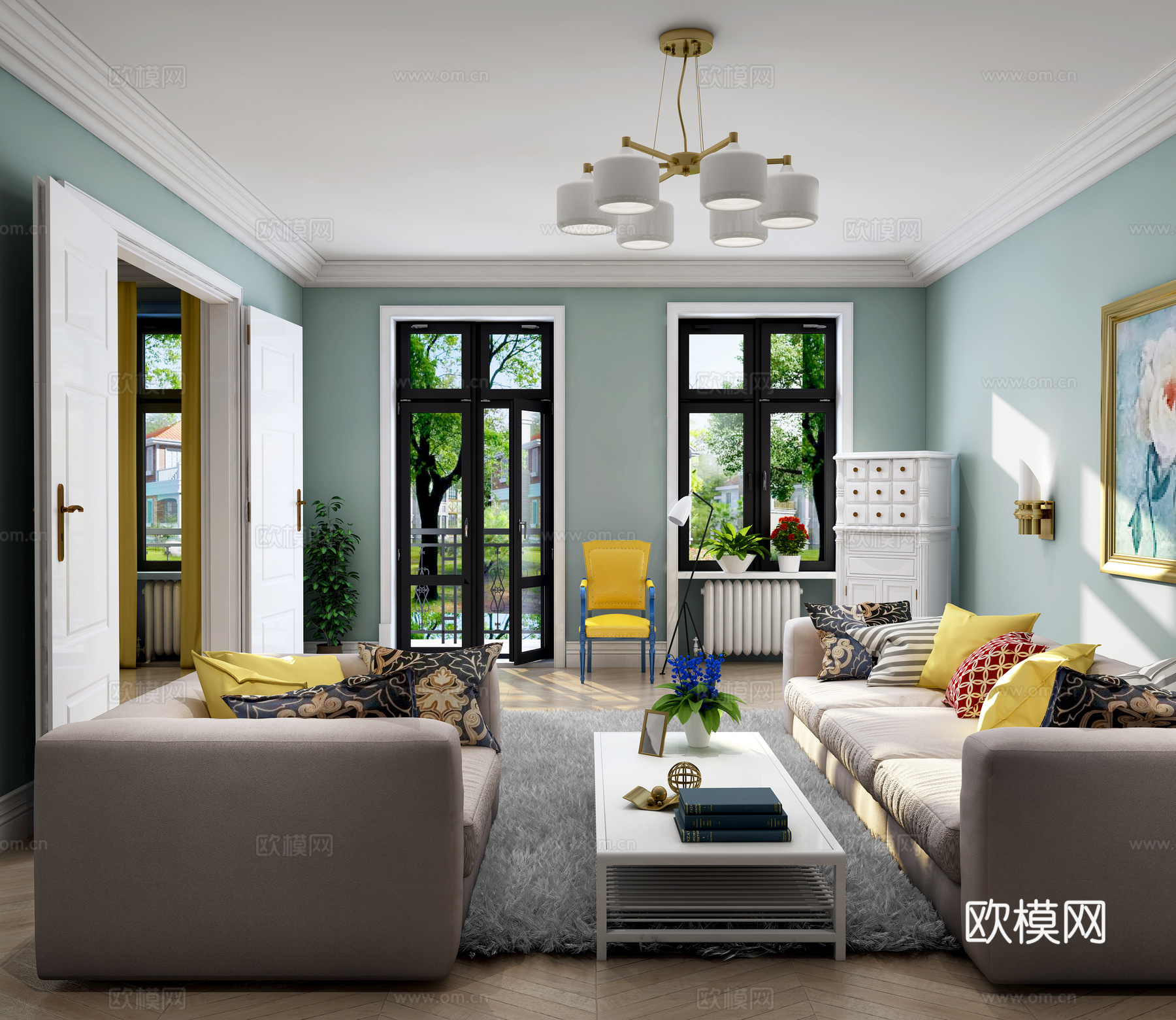 简欧客厅 沙发茶几 吊灯 桌面摆件 挂画3d模型