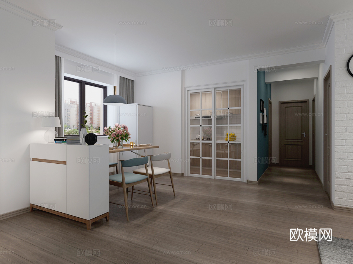 北欧客厅 沙发茶几 吊灯 挂画 餐厅3d模型