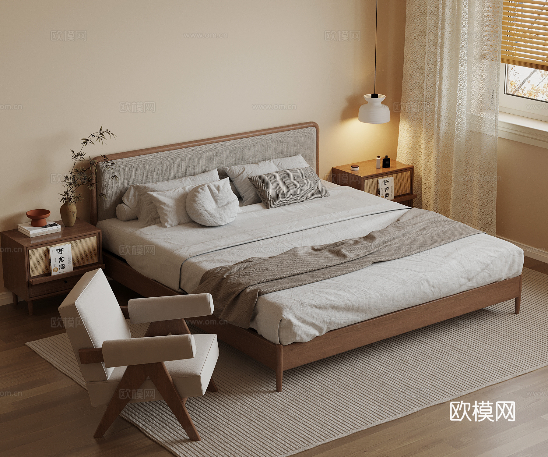 中古风双人床 床头柜 吊灯3d模型下载