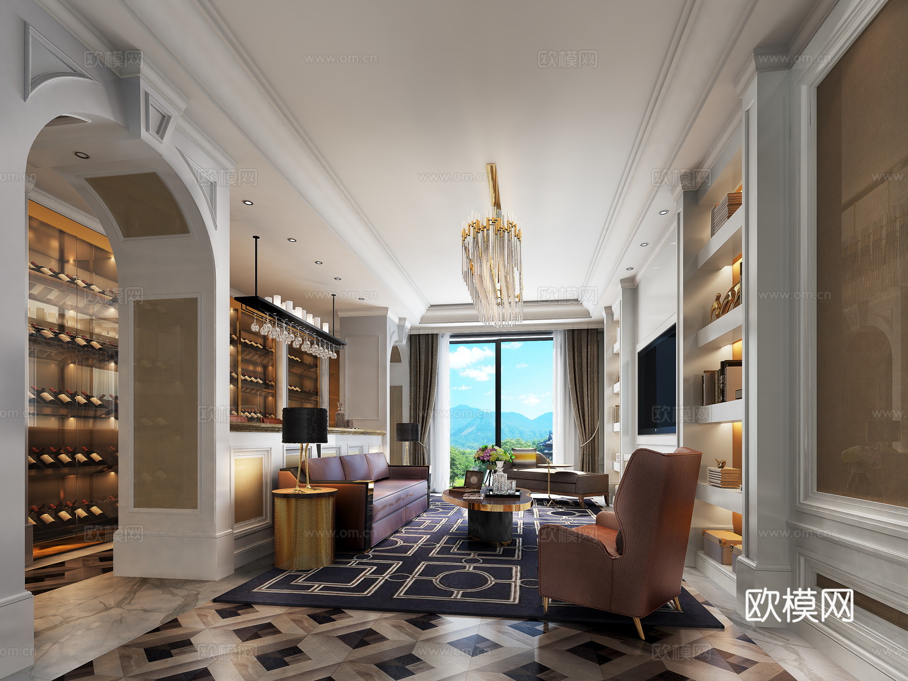 现代客厅 沙发 茶几 吊灯 电视 电视柜 装饰品 挂画3d模型