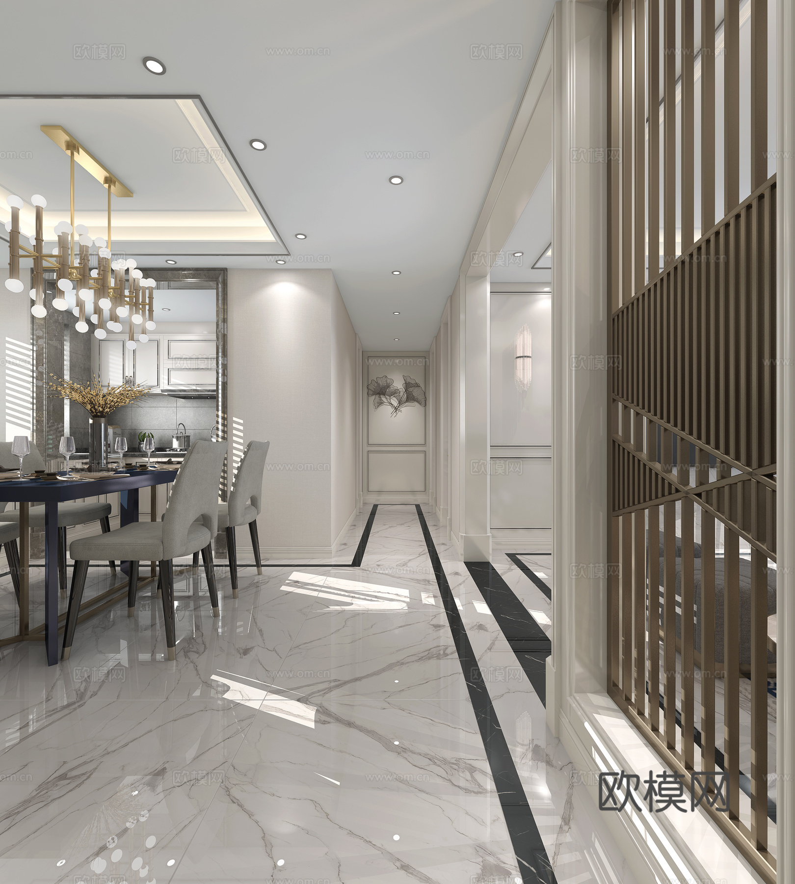 现代客厅 餐厅 沙发茶几 吊灯 桌面摆件 挂画3d模型