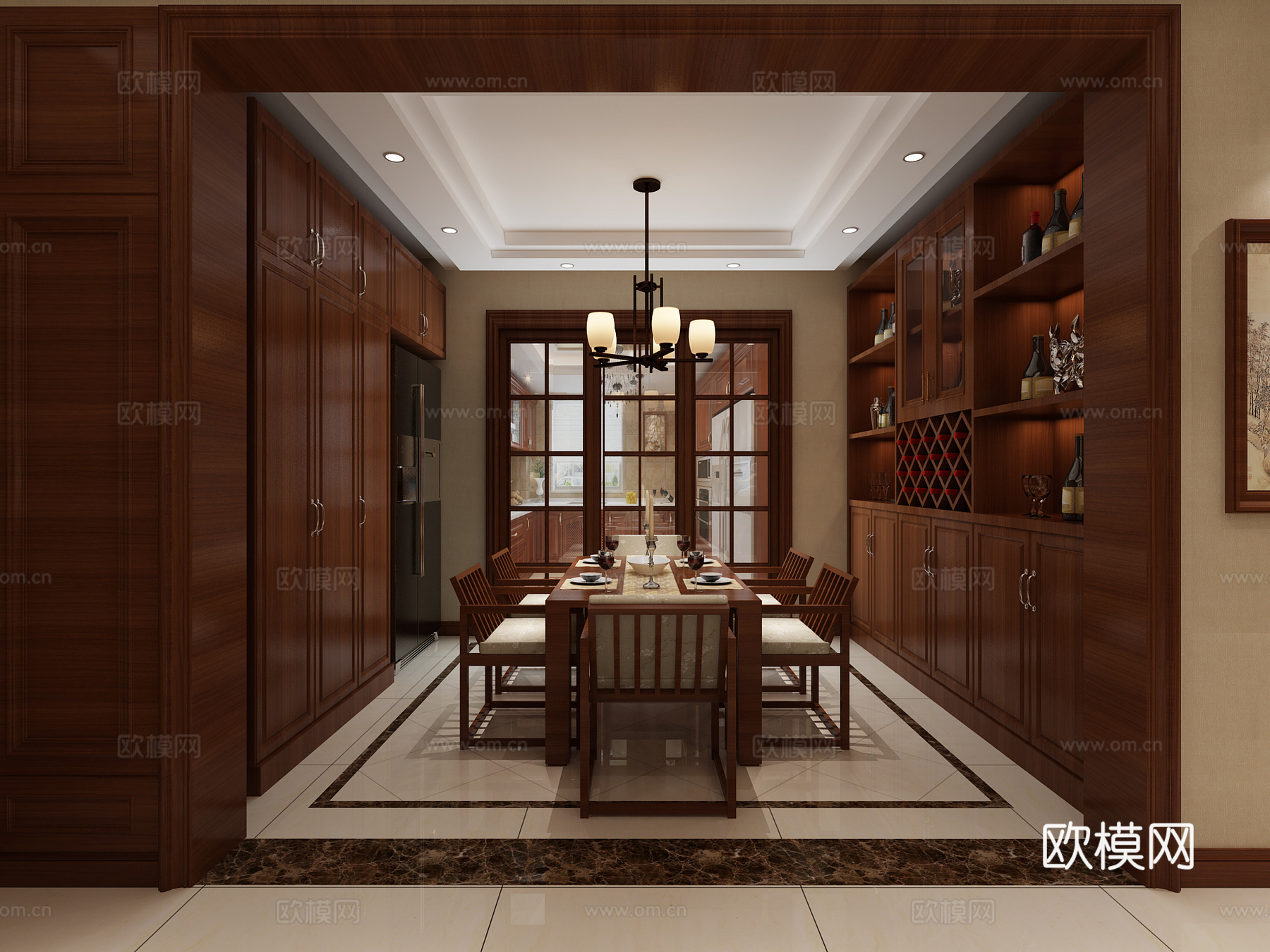 中式客厅 餐桌椅 沙发茶几 吊灯 桌面摆件 挂画3d模型