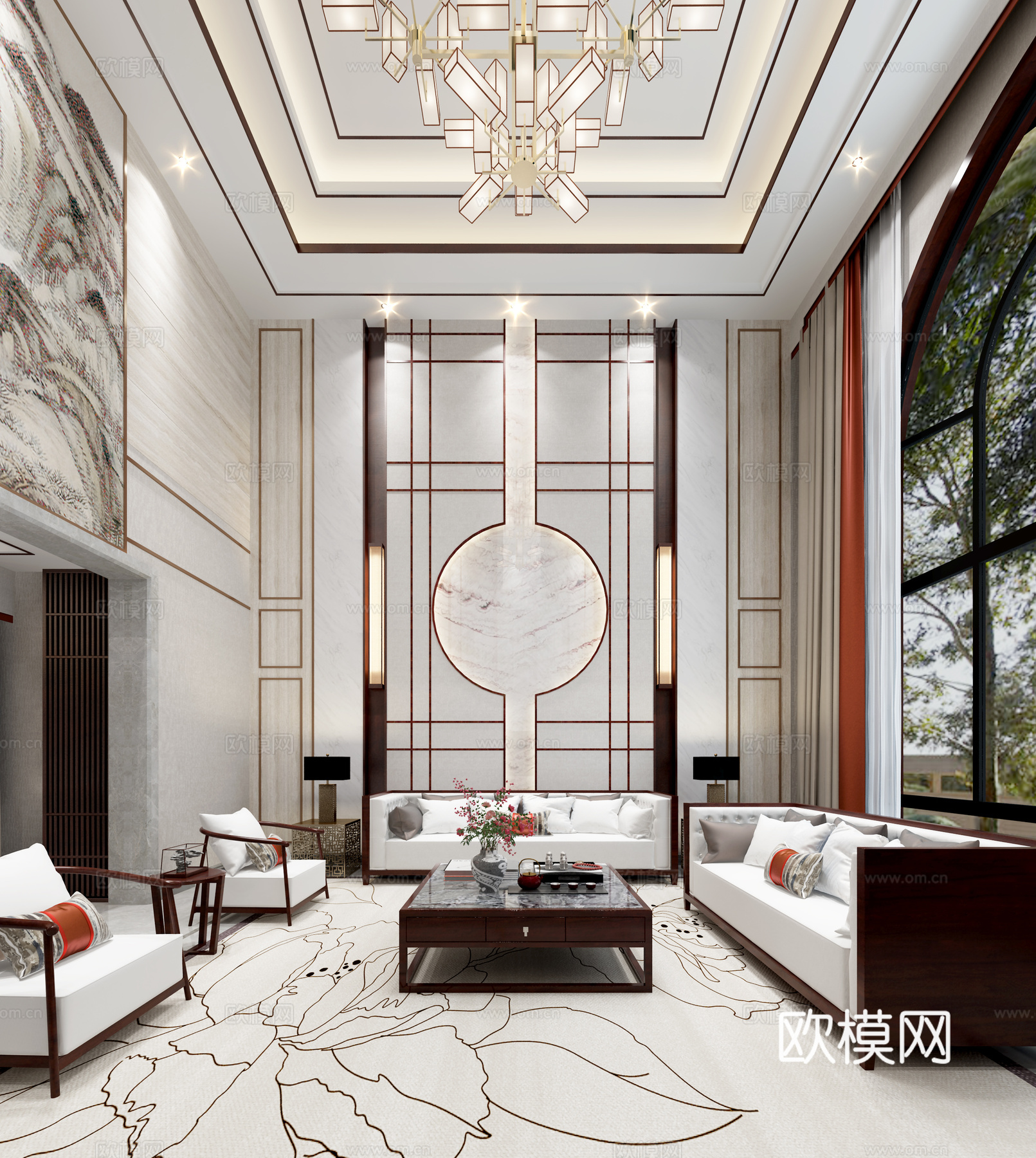 新中式客厅新中式餐厅 餐桌椅 吊灯3d模型