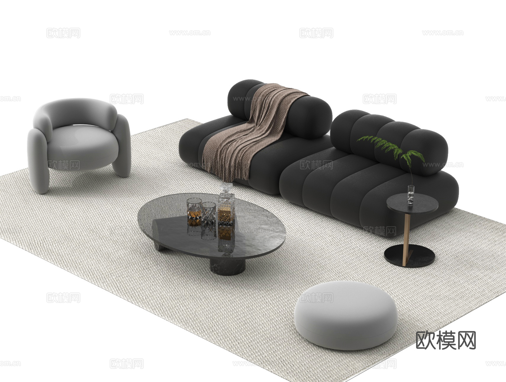 组合沙发 多人沙发 茶几 边几圆几3d模型
