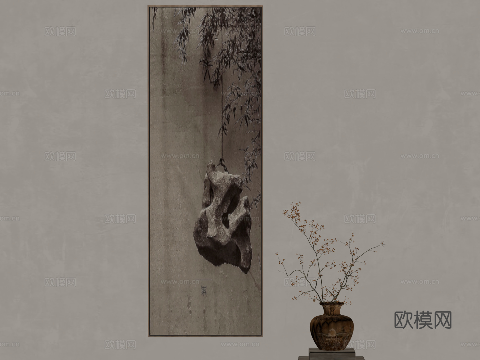 新中式挂画 装饰画 花瓶su模型