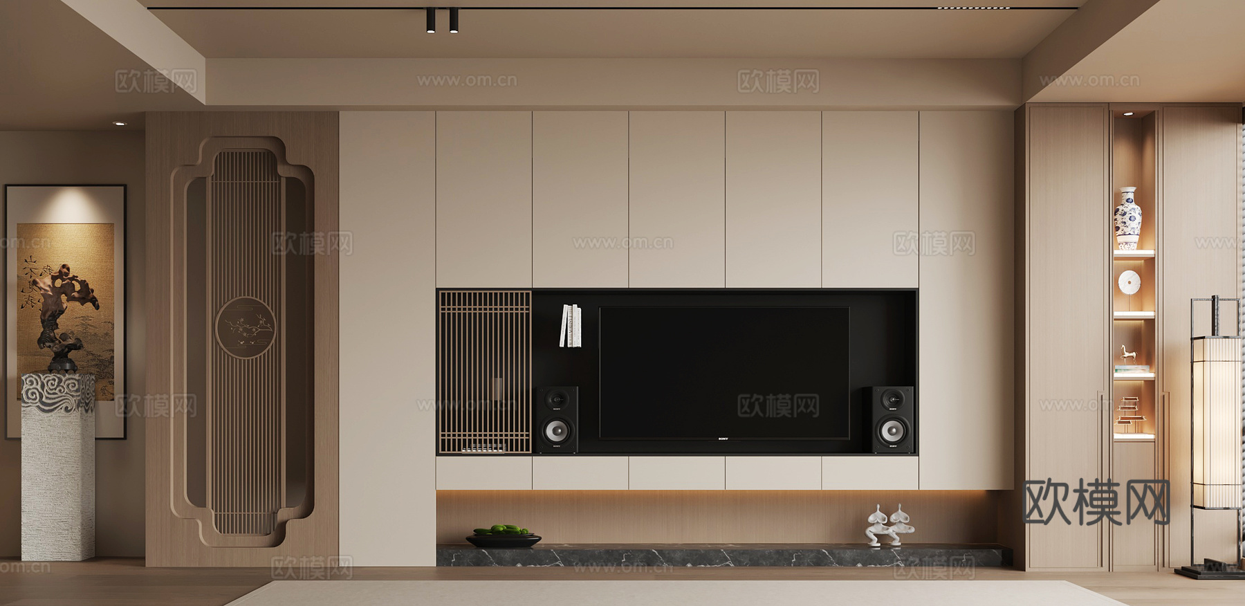 新中式电视背景墙3d模型