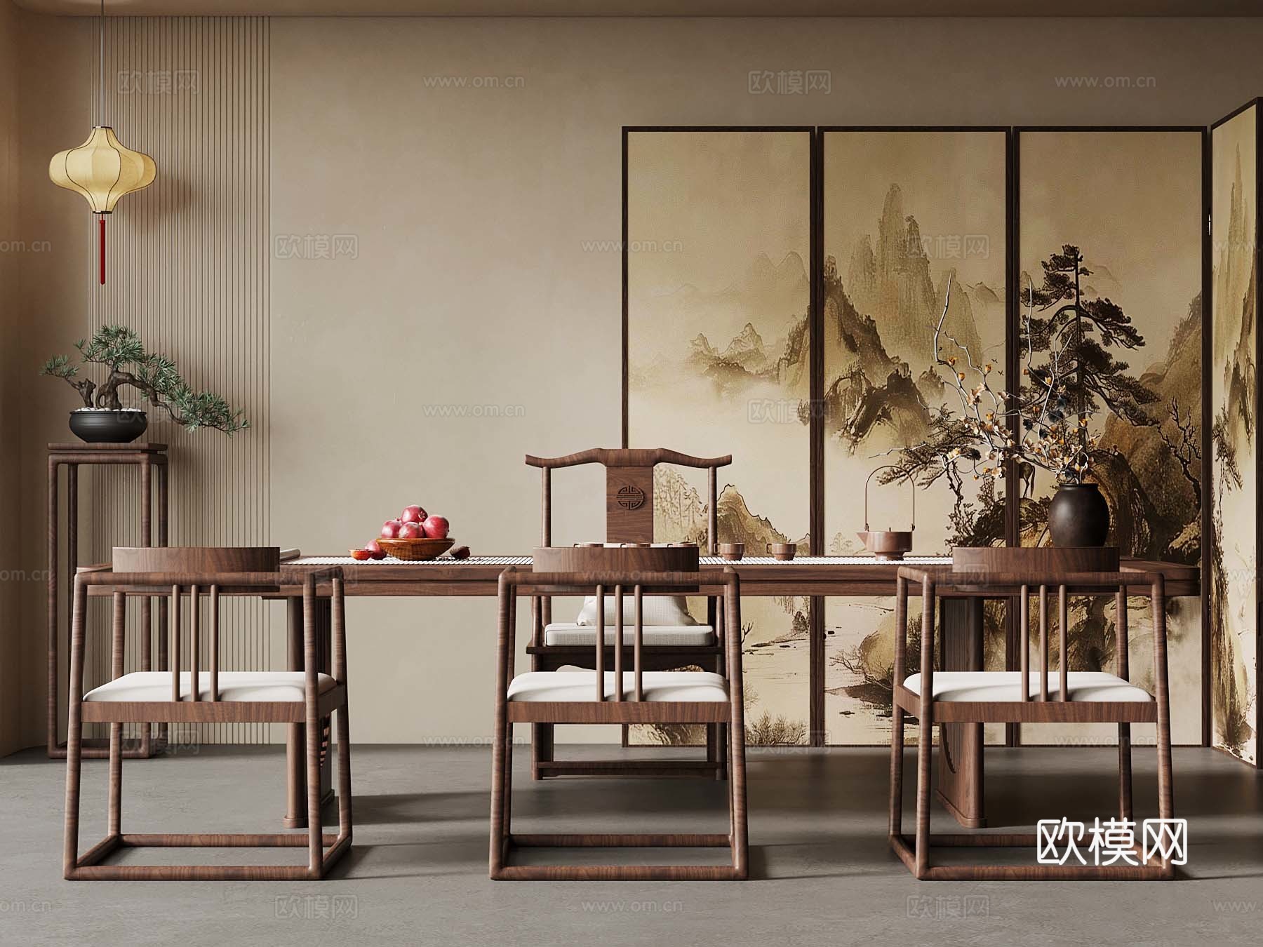 新中式茶桌椅 屏风 吊灯 灯笼3d模型