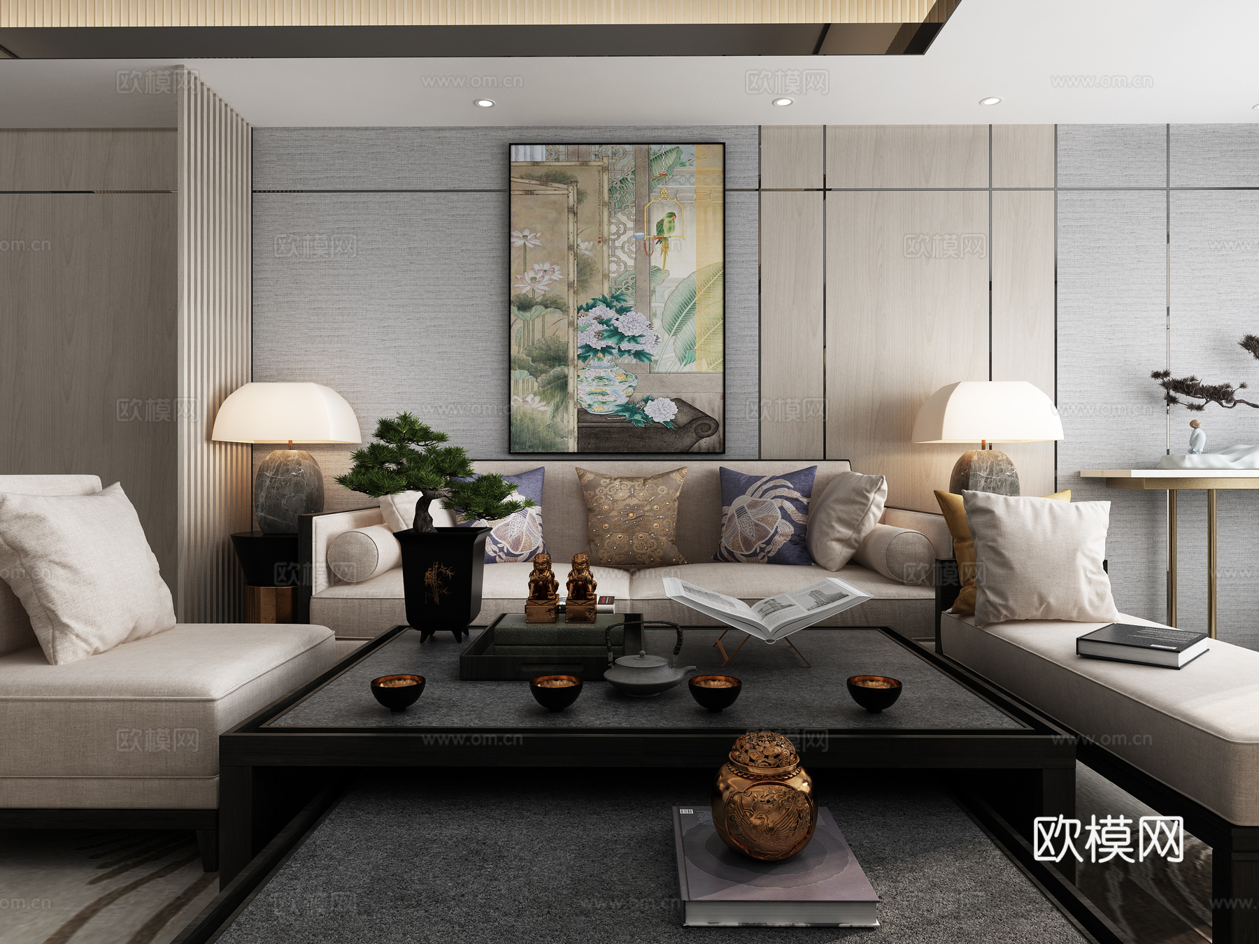 新中式客厅餐厅 沙发茶几 餐桌椅 吊灯 摆件 挂画 台灯3d模型