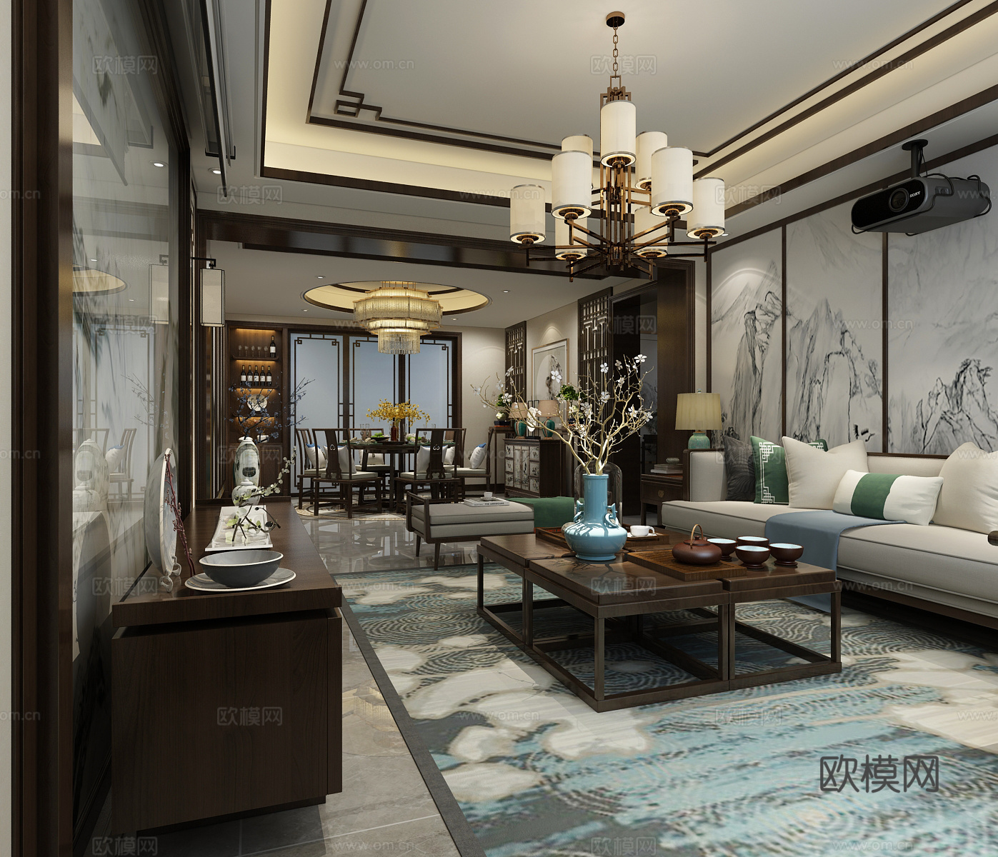 新中式客厅餐厅 吊灯 沙发 茶几 餐桌椅3d模型