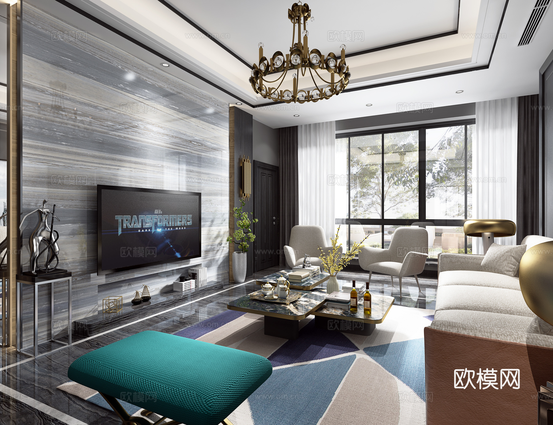 后现代客厅 黑白灰客厅 后现代沙发茶几组合 后现代吊灯壁3d模型
