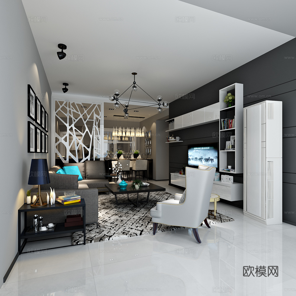 现代客厅 沙发茶几 电视柜 餐厅3d模型