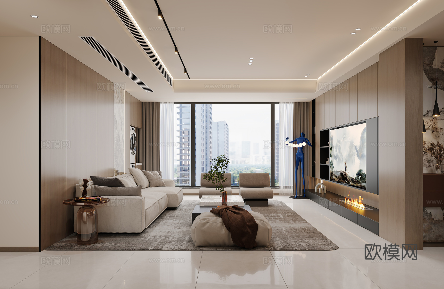 现代无主灯客厅 电视背景墙 摆件3d模型