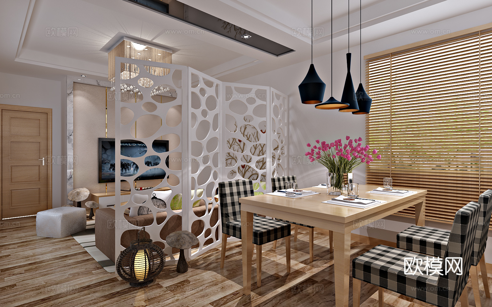 现代客厅 沙发茶几 电视柜 餐厅3d模型