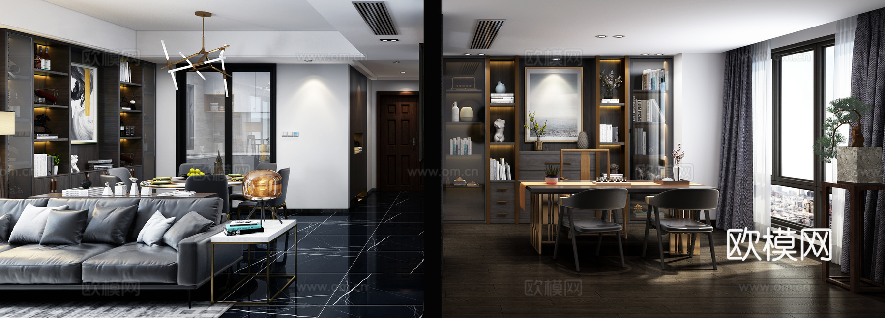 现代客厅 餐厅 沙发茶几 电视柜 挂灯 餐桌椅 窗帘 酒3d模型