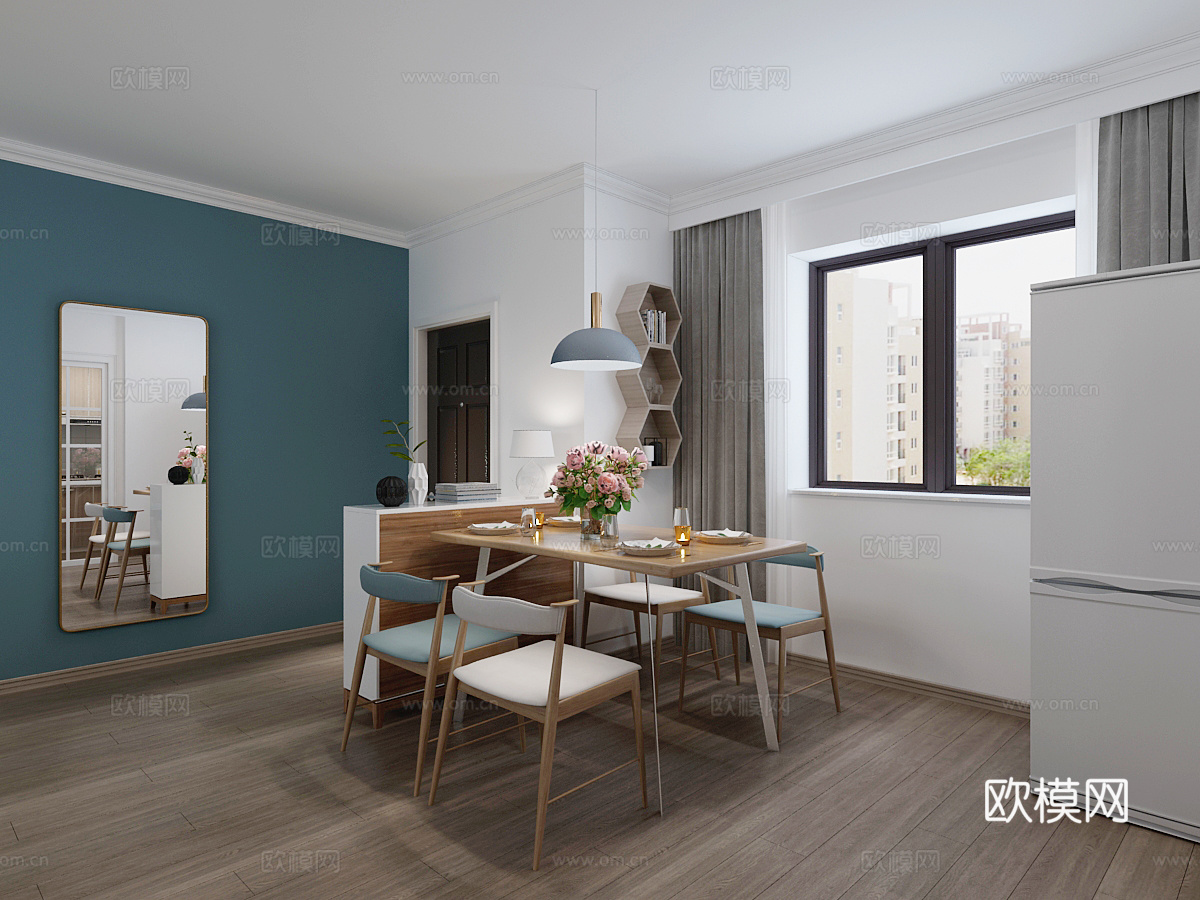 北欧客厅 沙发茶几 吊灯 挂画 餐厅3d模型