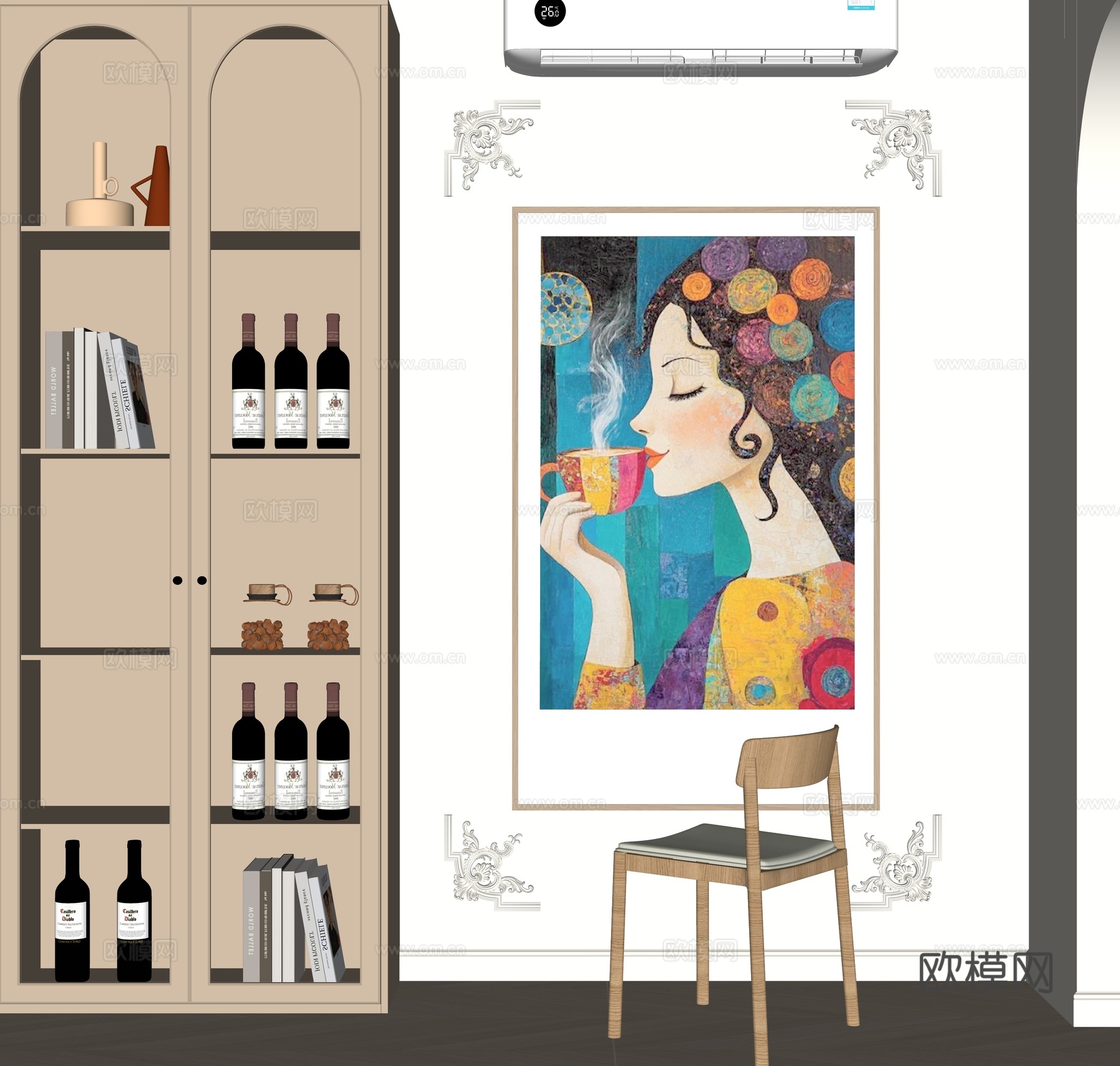 奶油风酒柜装饰画组合su模型