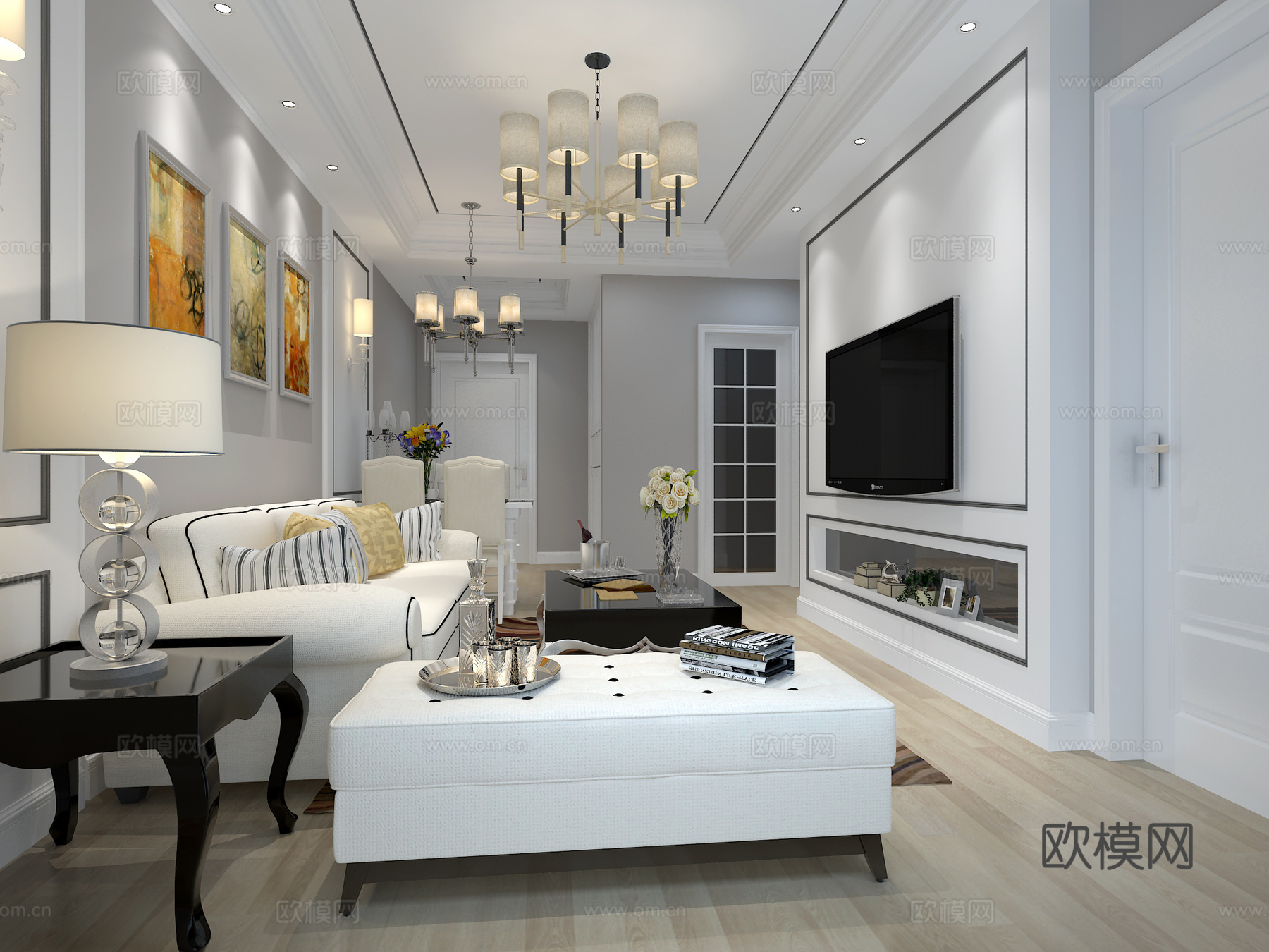 简欧式客厅 沙发 茶几 吊灯 电视柜 边柜3d模型