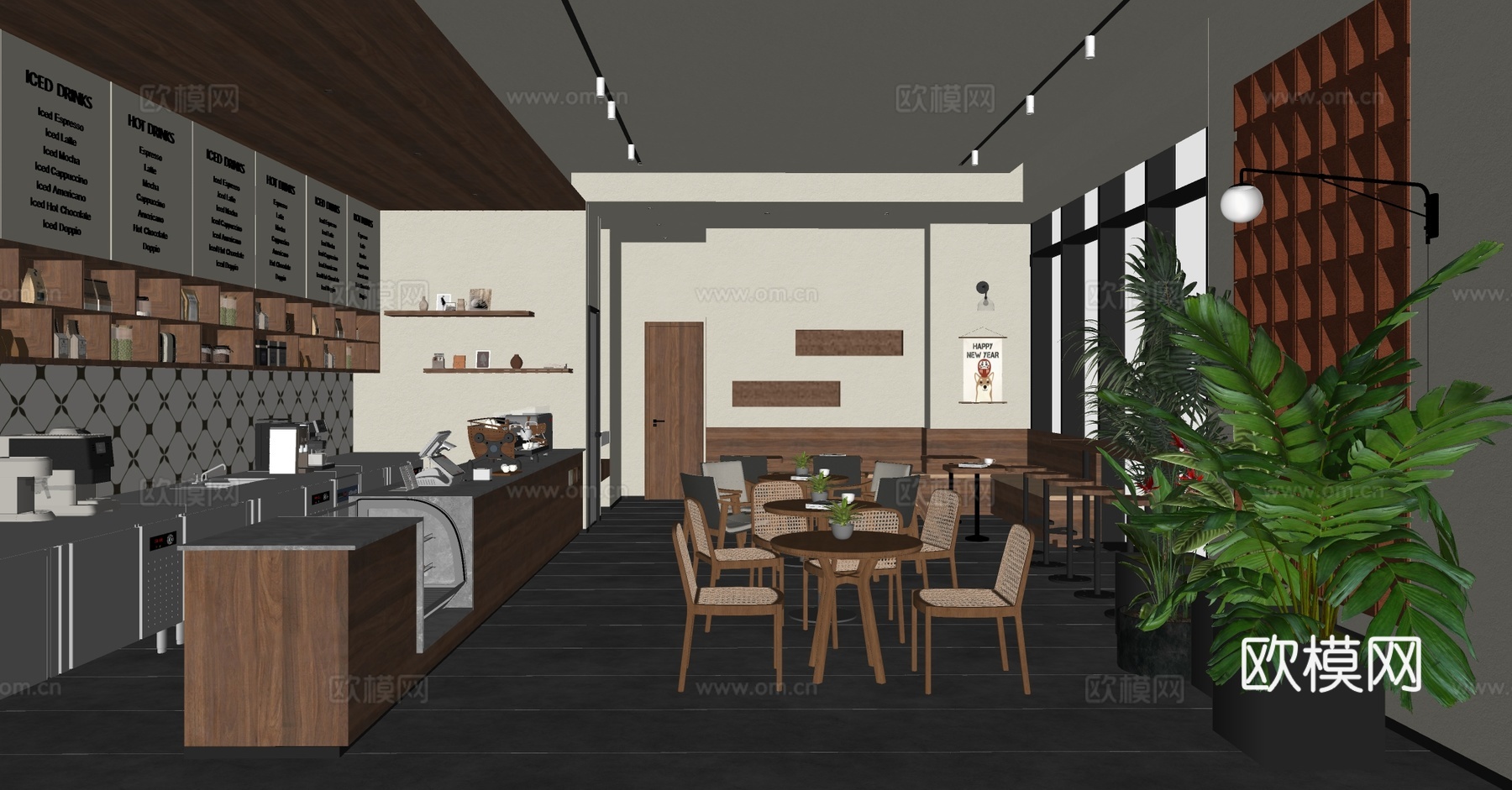 原木咖啡厅 咖啡桌椅 咖啡店操作台 咖啡店工作台 收银前台su模型