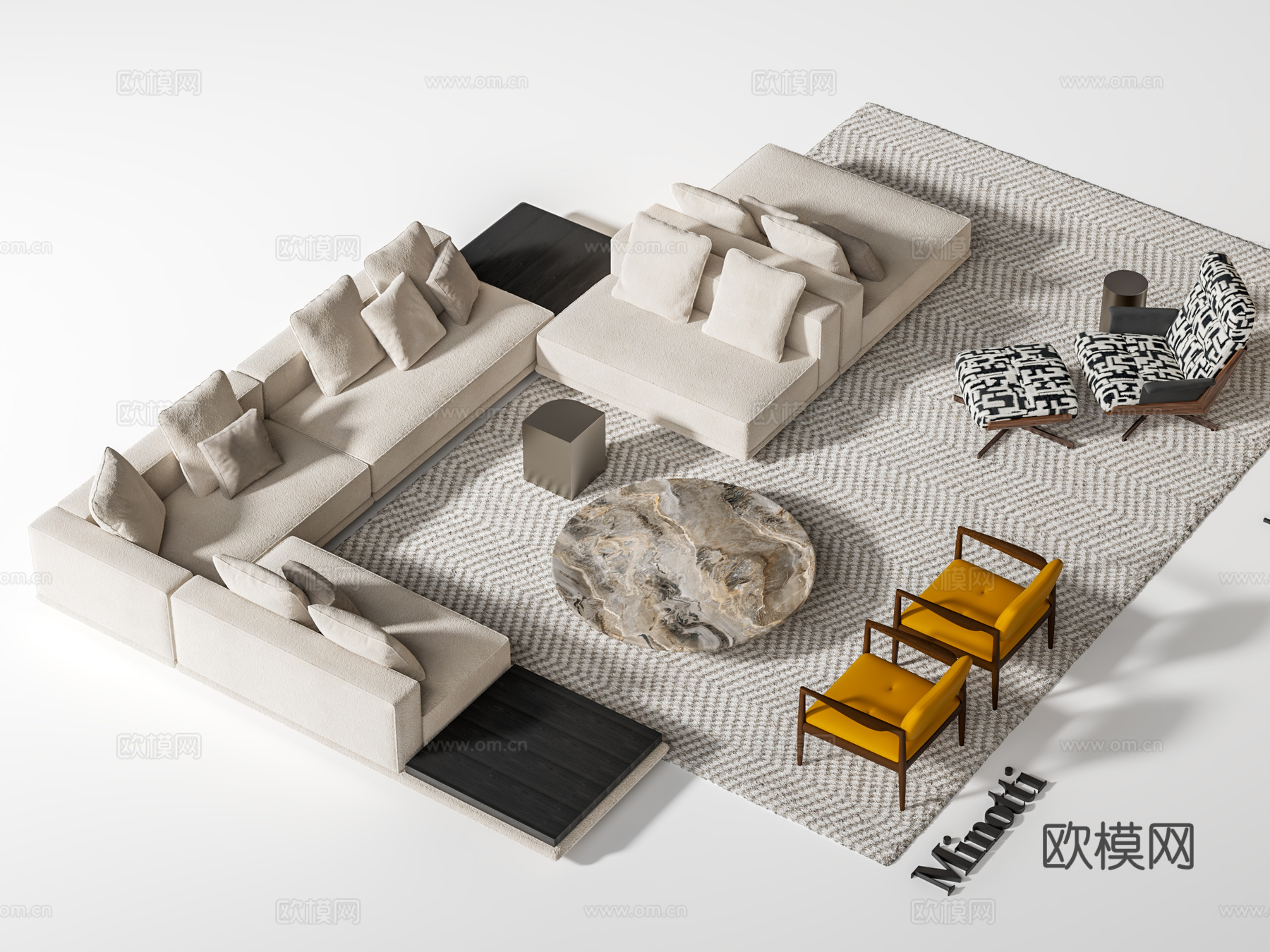 Minotti 沙发茶几组合 转角沙发 拼接沙发 大理石茶几3d模型