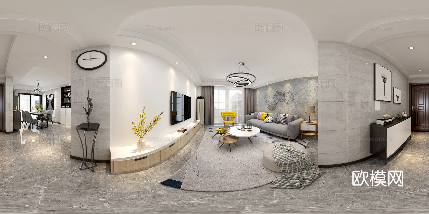 现代全景 餐桌椅 沙发茶几 吊灯 桌面摆件 挂画3d模型