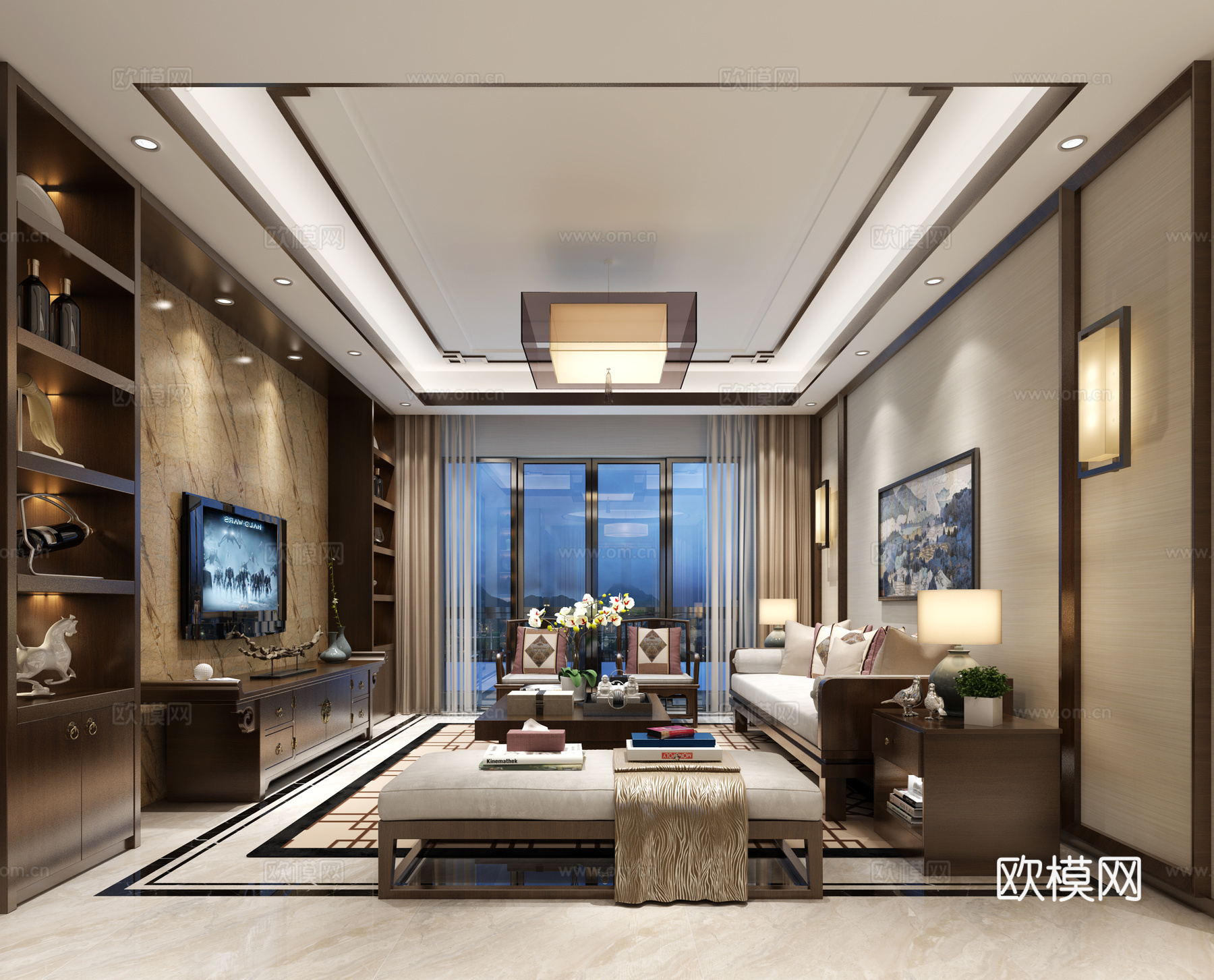 中式客厅餐厅沙发组合餐桌椅3d模型