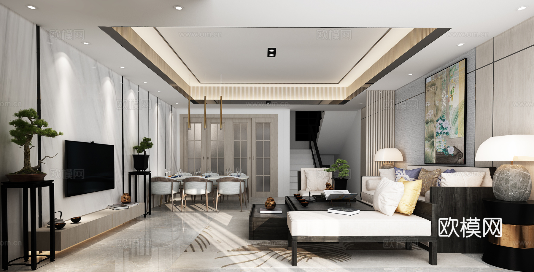 新中式客厅餐厅 沙发茶几 餐桌椅 吊灯 摆件 挂画 台灯3d模型