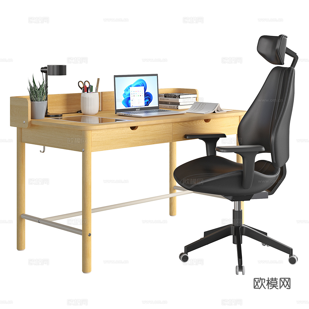 现代北欧原木风书桌椅3d模型