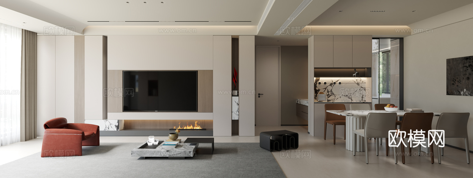 现代奶油客餐厅3d模型