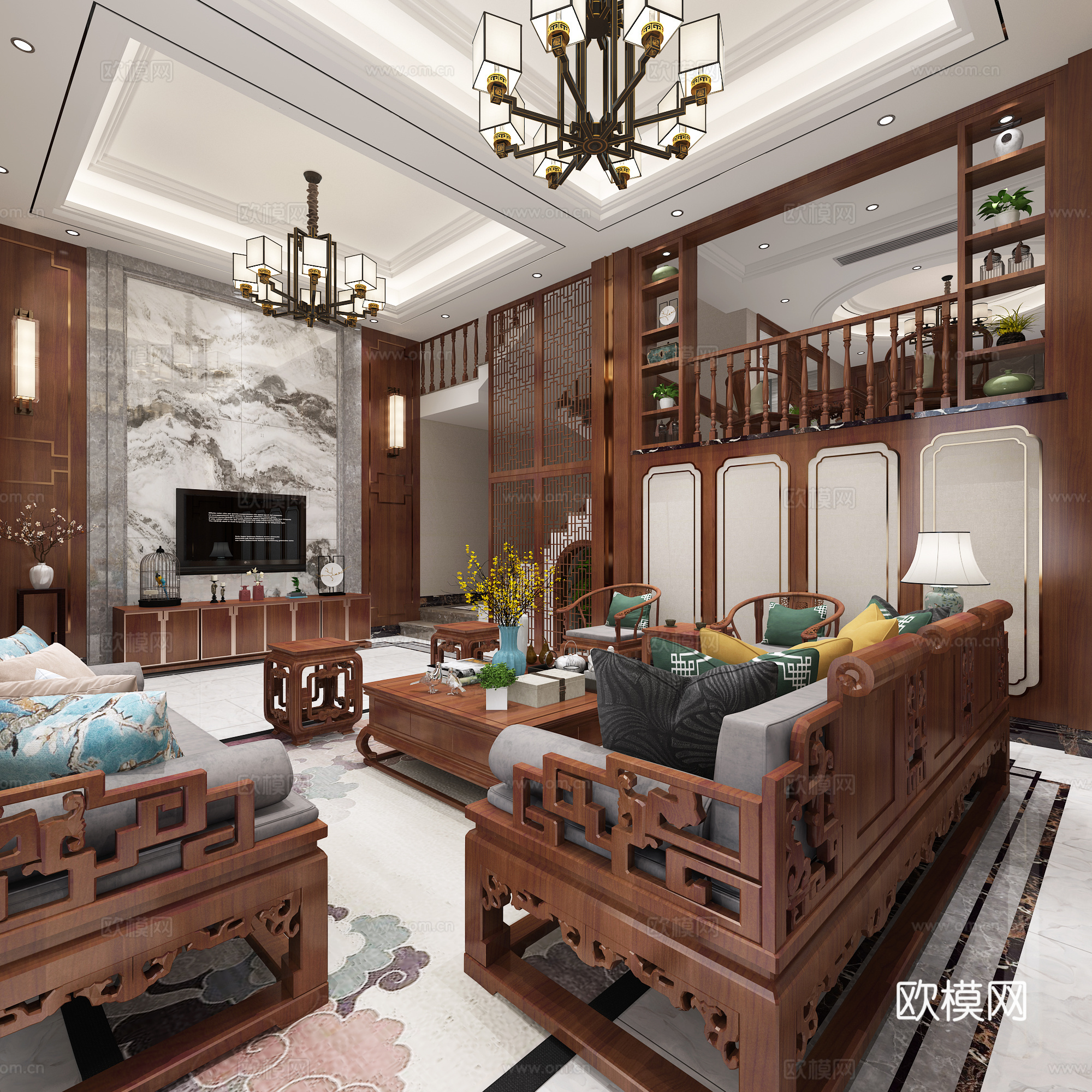 新中式客餐厅 餐桌椅 沙发茶几 吊灯 桌面摆件 挂画3d模型