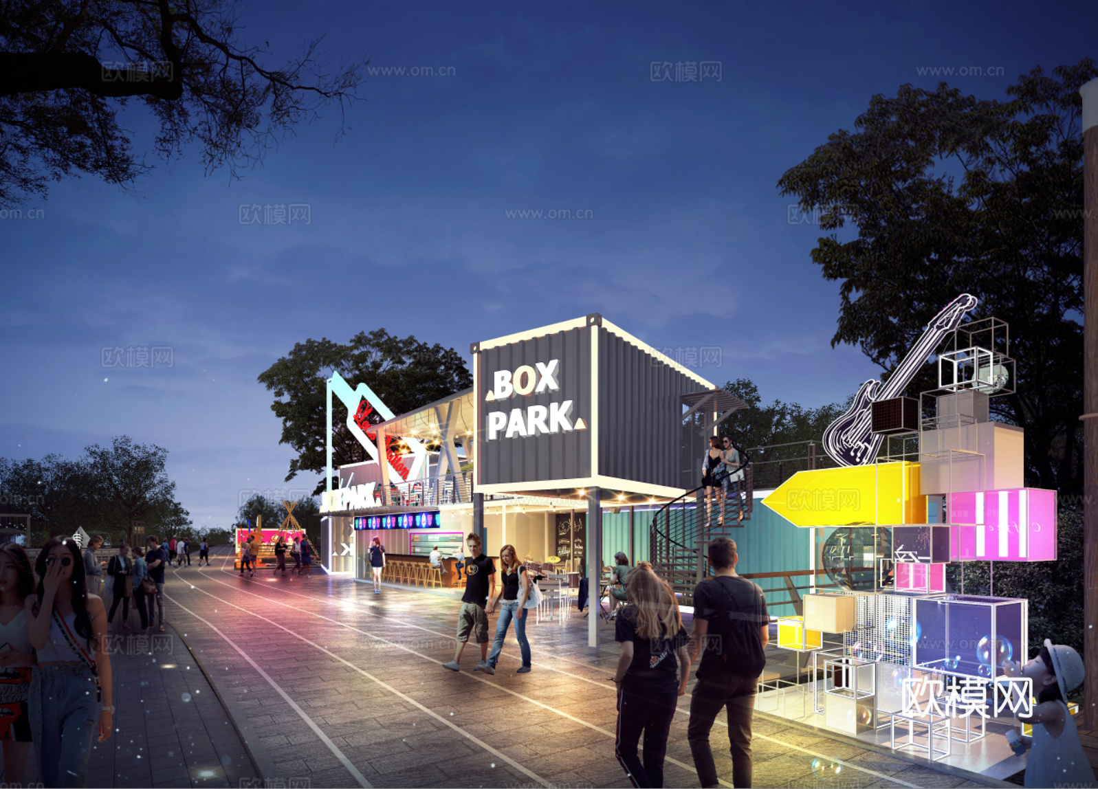 现代 中式 古建 商业街 夜景3d模型