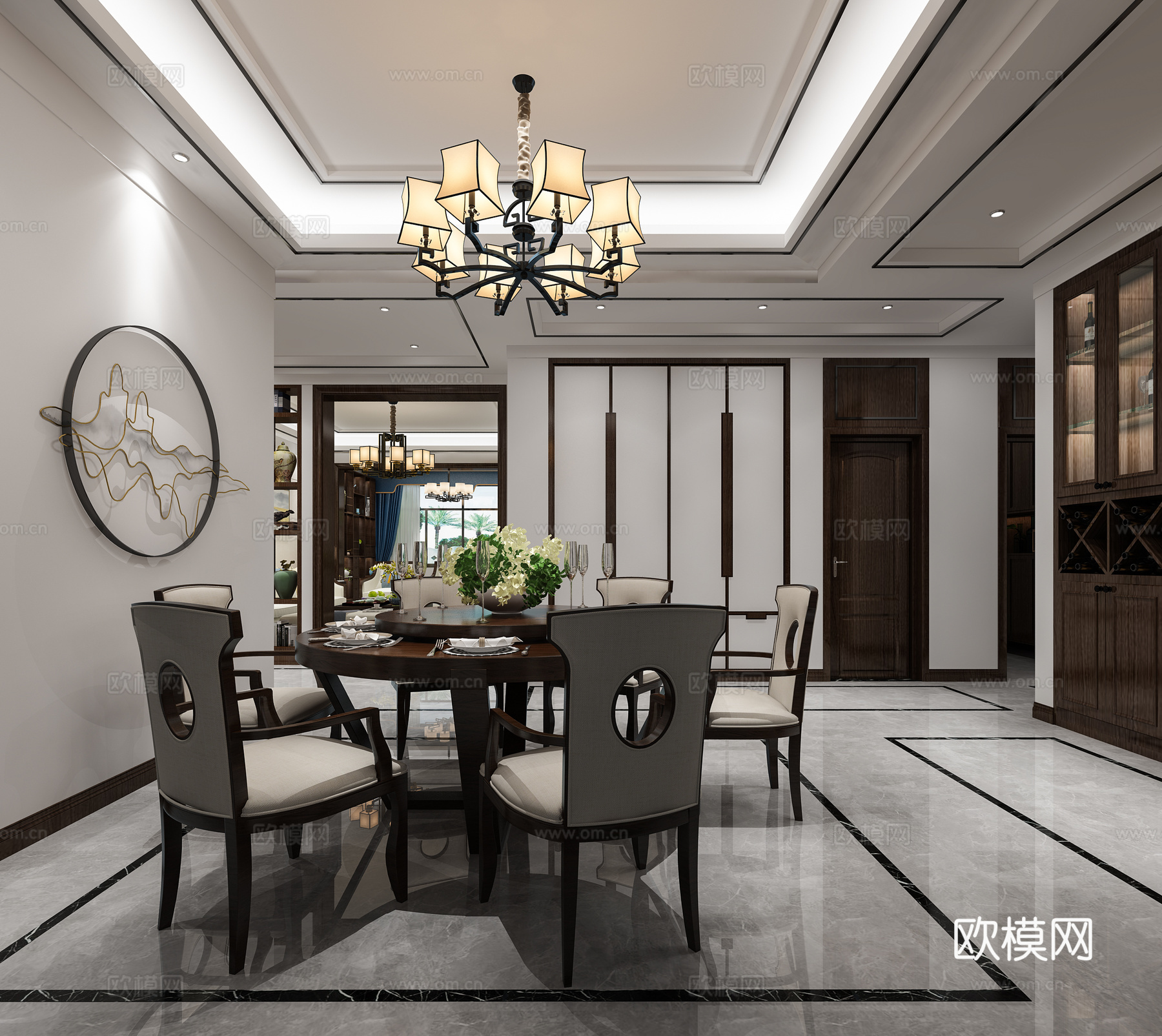新中式客餐厅 茶室 餐桌椅 沙发茶几 吊灯 装饰品 挂画3d模型