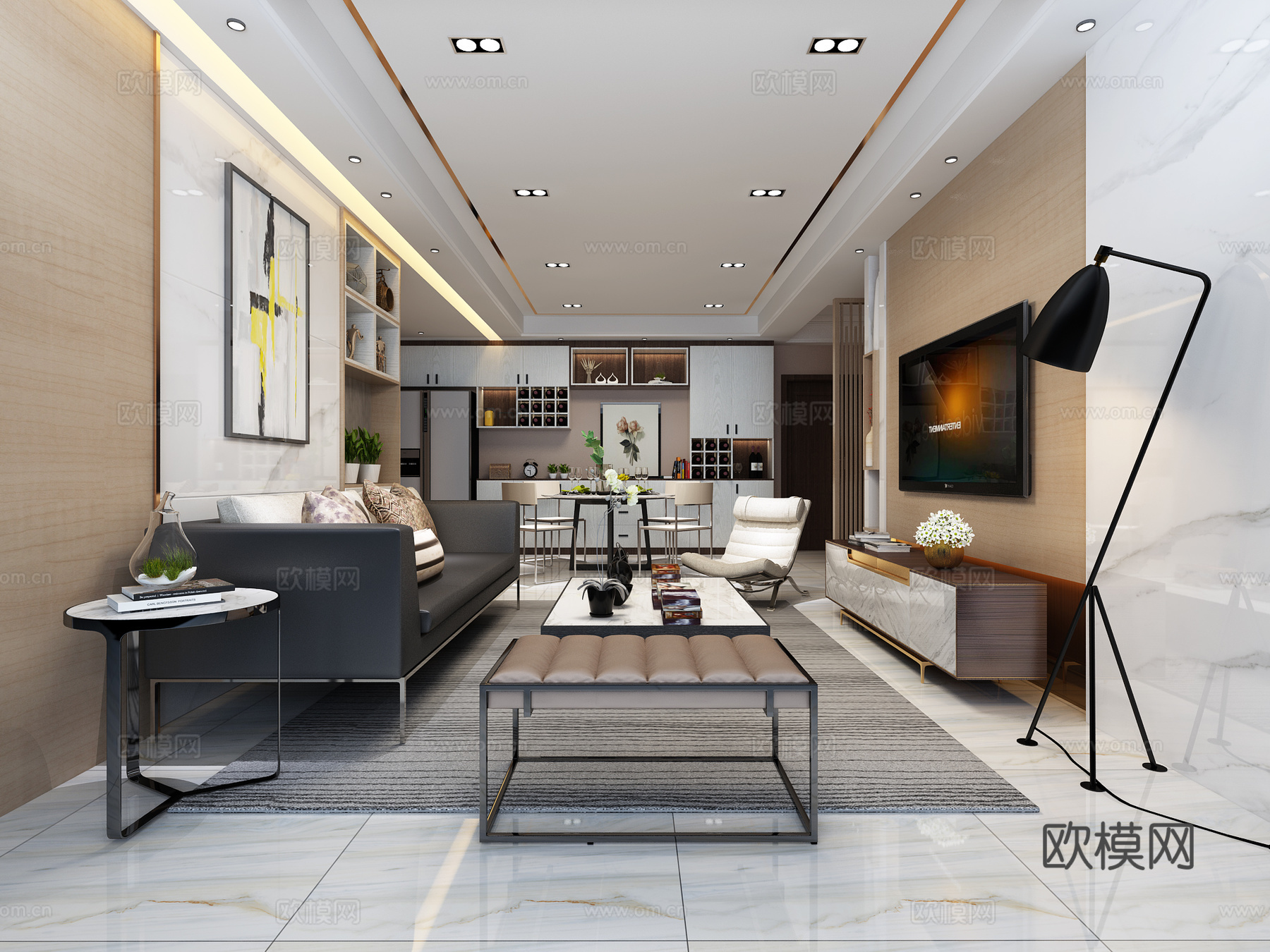 现代客厅 背景墙 沙发茶几 挂画 吊灯3d模型