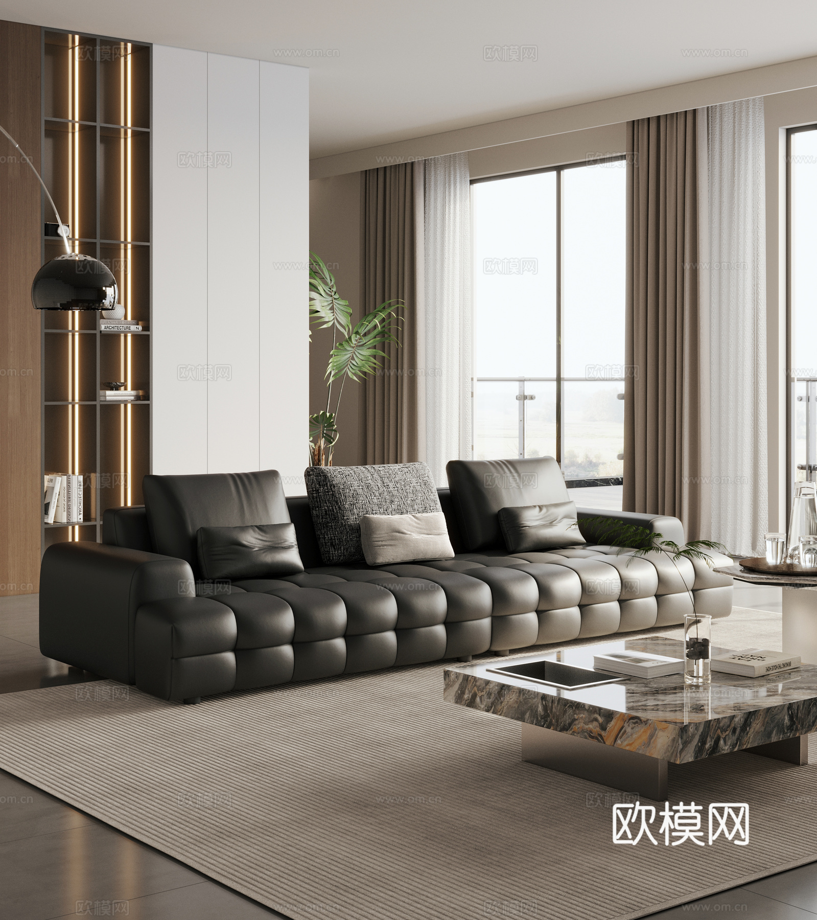 意式简约沙发 大黑牛沙发 真皮沙发 直排沙发3d模型