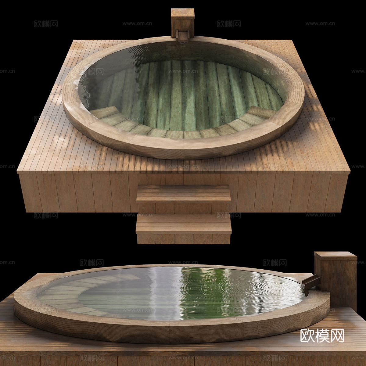 新中式侘寂木质浴池 泡池3d模型