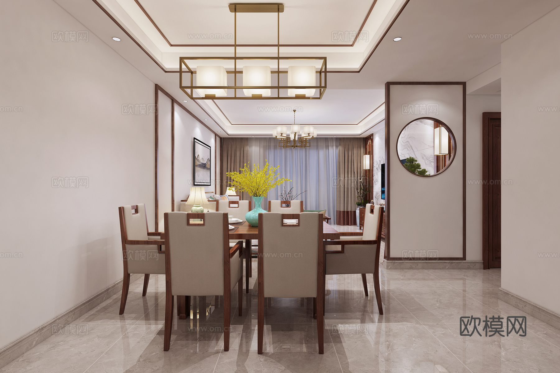 新中式客厅餐厅 沙发 茶几 吊灯 电视柜 边柜 餐桌椅3d模型