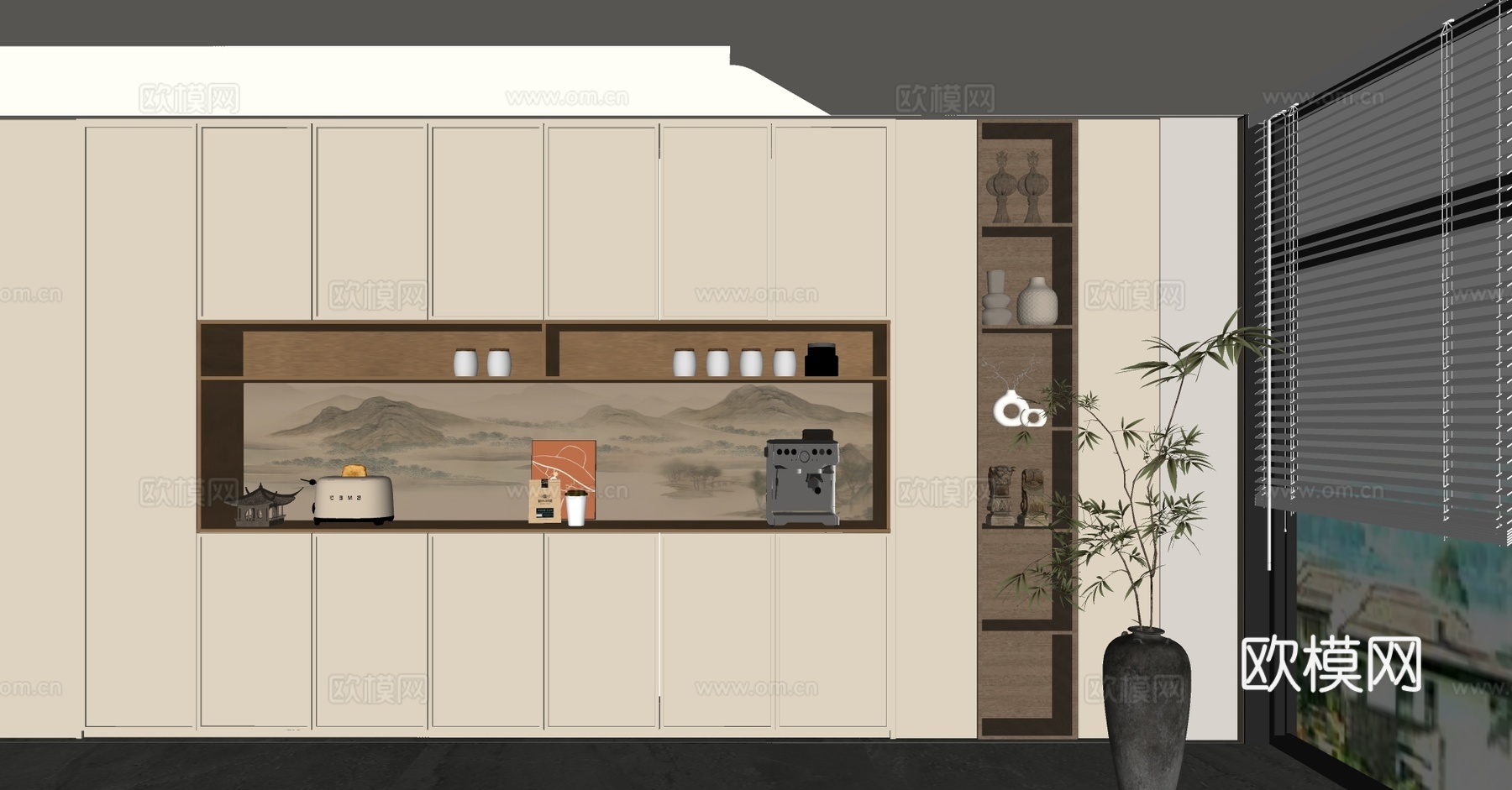 新中式禅意餐边柜 茶水柜餐边柜 冰箱餐边柜 备餐餐边柜su模型